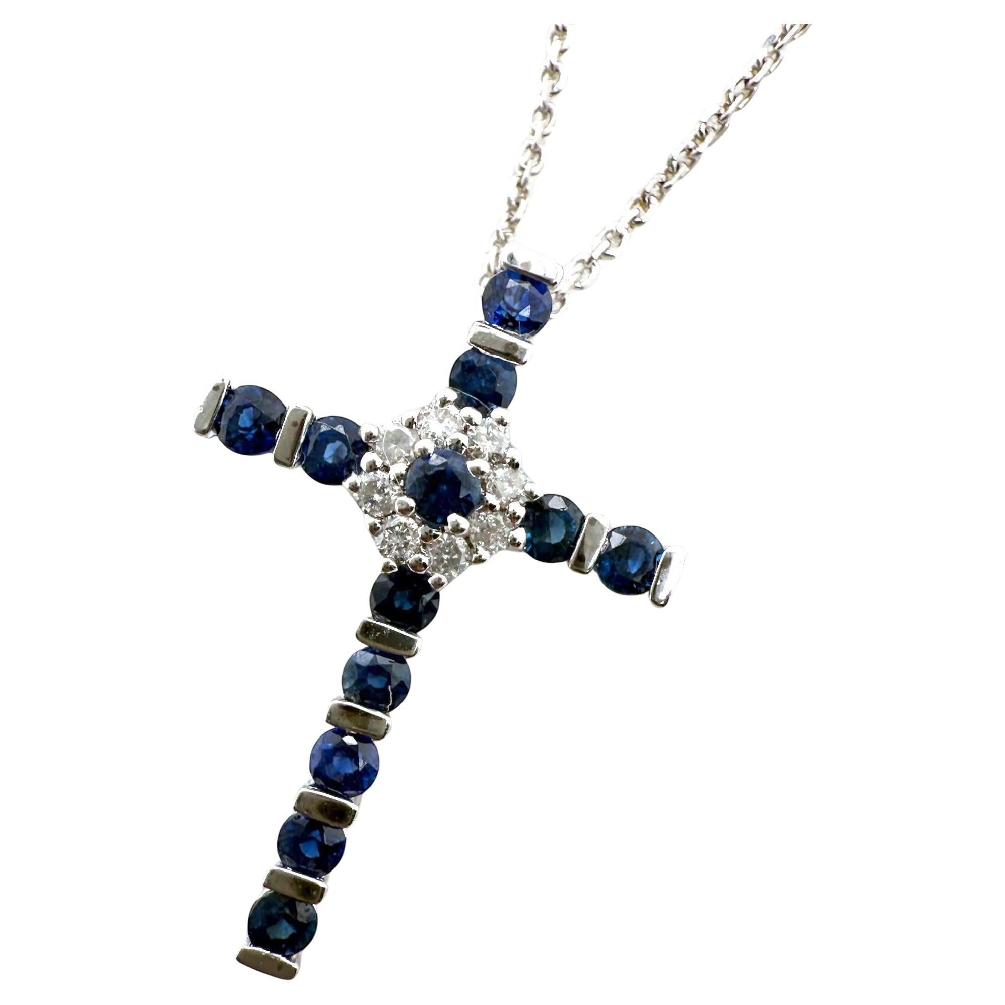 Dainty Sapphire & Diamond Cross Necklace 14K White Gold For Sale