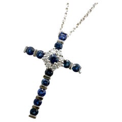 Dainty Sapphire & Diamond Cross Necklace 14K White Gold