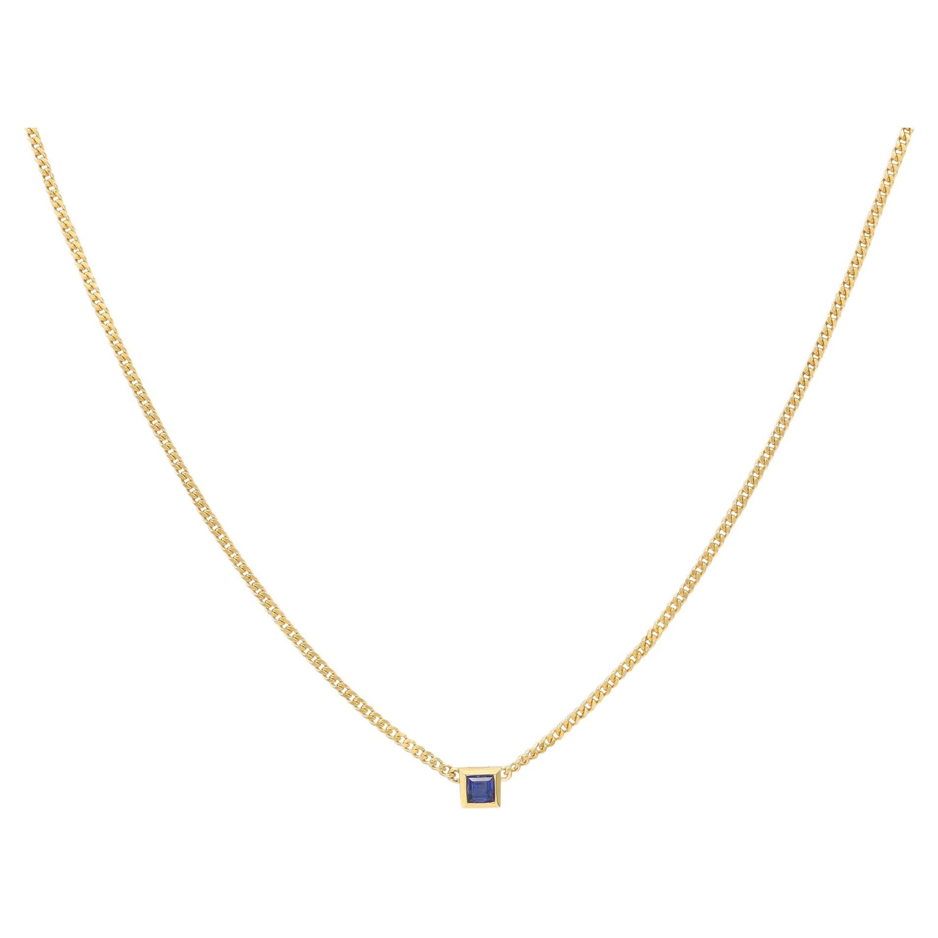 Dainty Sapphire Necklace, 18K Gold Square Cut Sapphire For Sale
