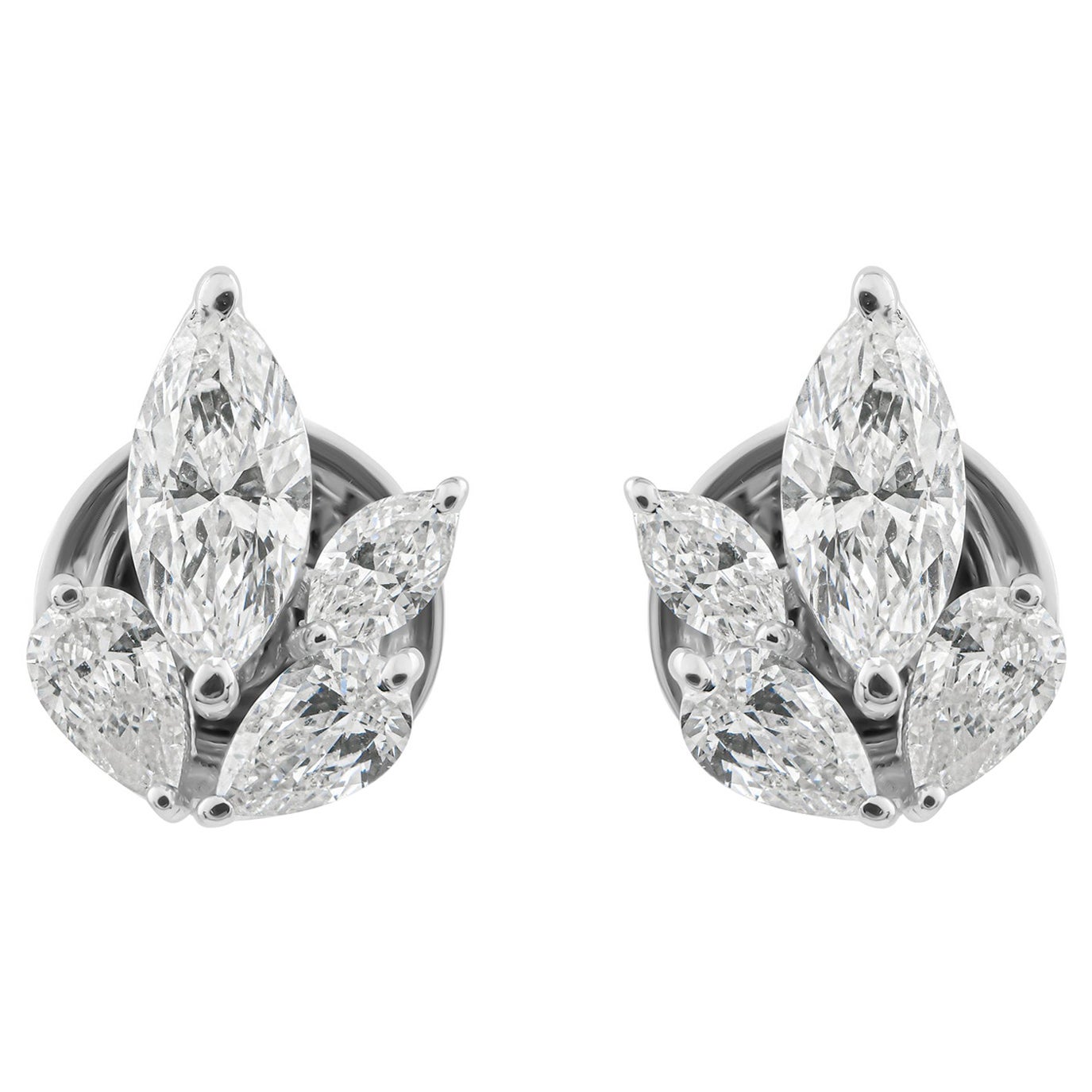 Marquise and Oval Diamond Cluster Stud Earrings in 18K White Gold 0.92 Carats