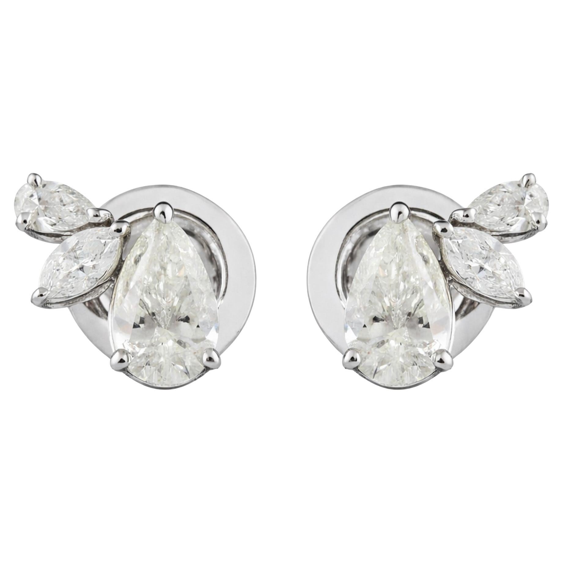 Natural Diamond Pear Cluster Stud Earrings 0.84 Carats in 18K White Gold For Sale