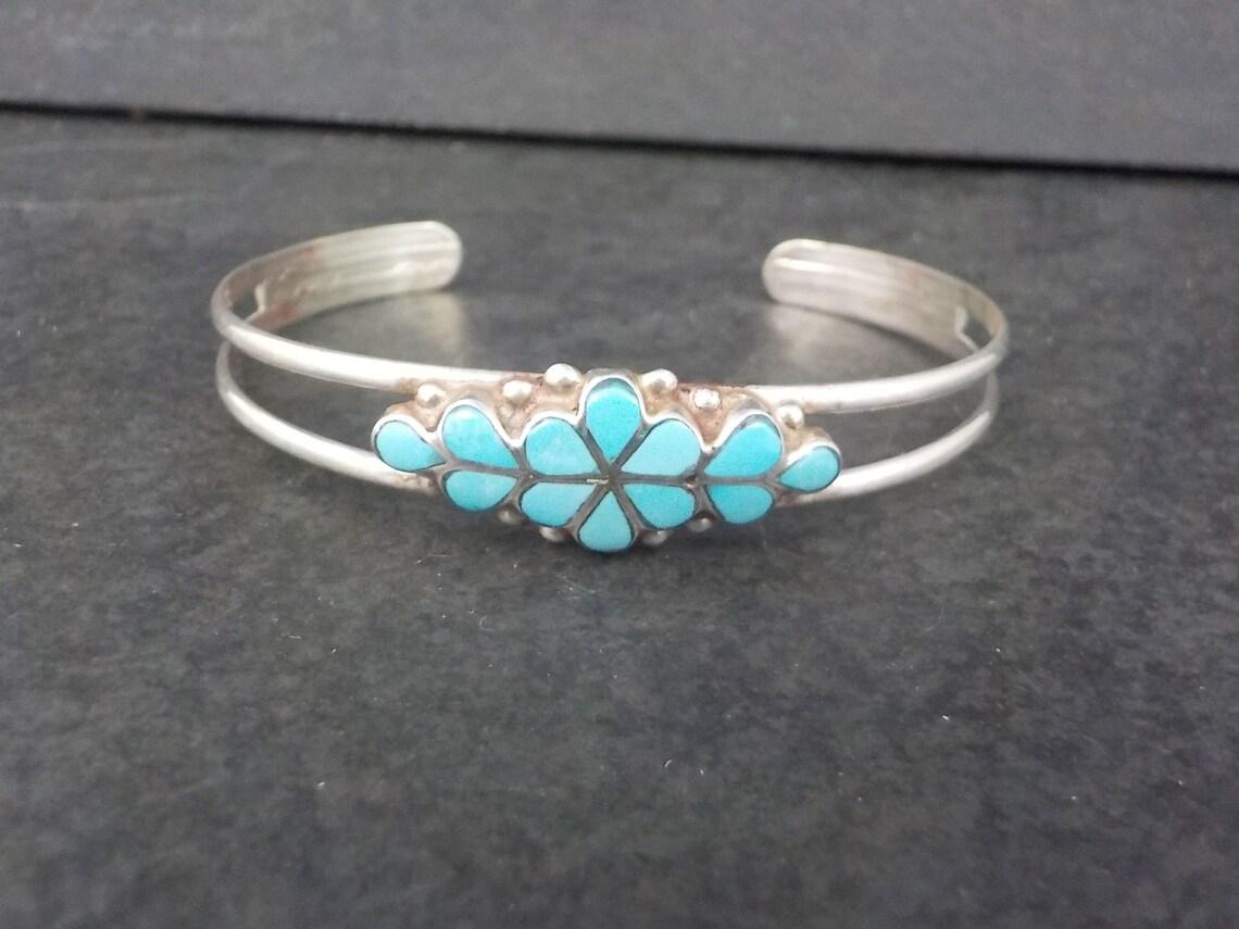 Native American Dainty Southwestern Sterling Turquoise Inlay Cuff Bracelet 6 Inches