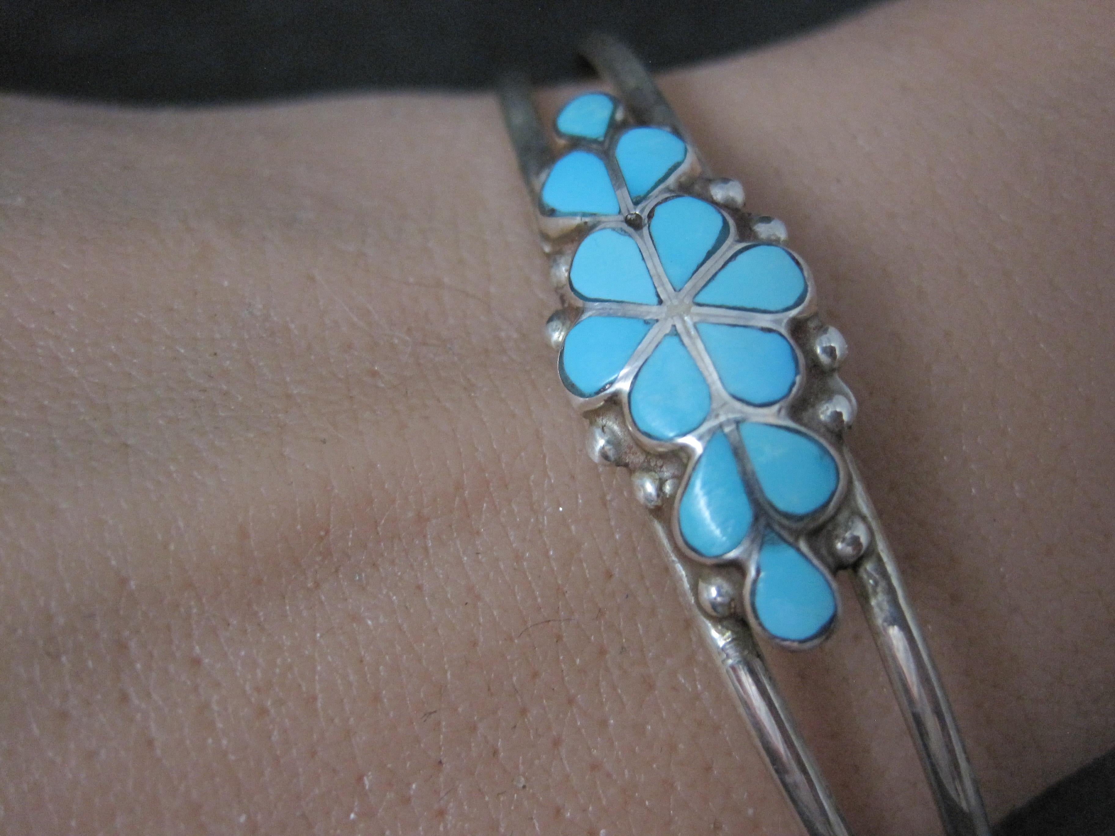 Dainty Southwestern Sterling Turquoise Inlay Cuff Bracelet 6 Inches 2