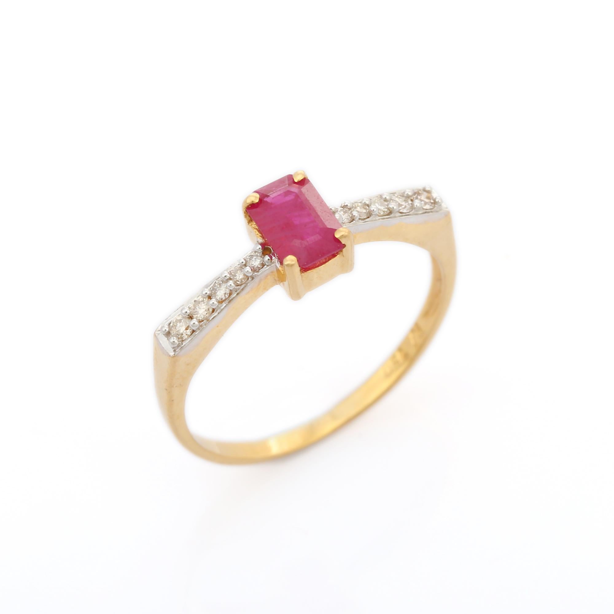 For Sale:  Dainty Stackable Octagon Cut Diamond and Ruby 18K Yellow Gold Ring 2