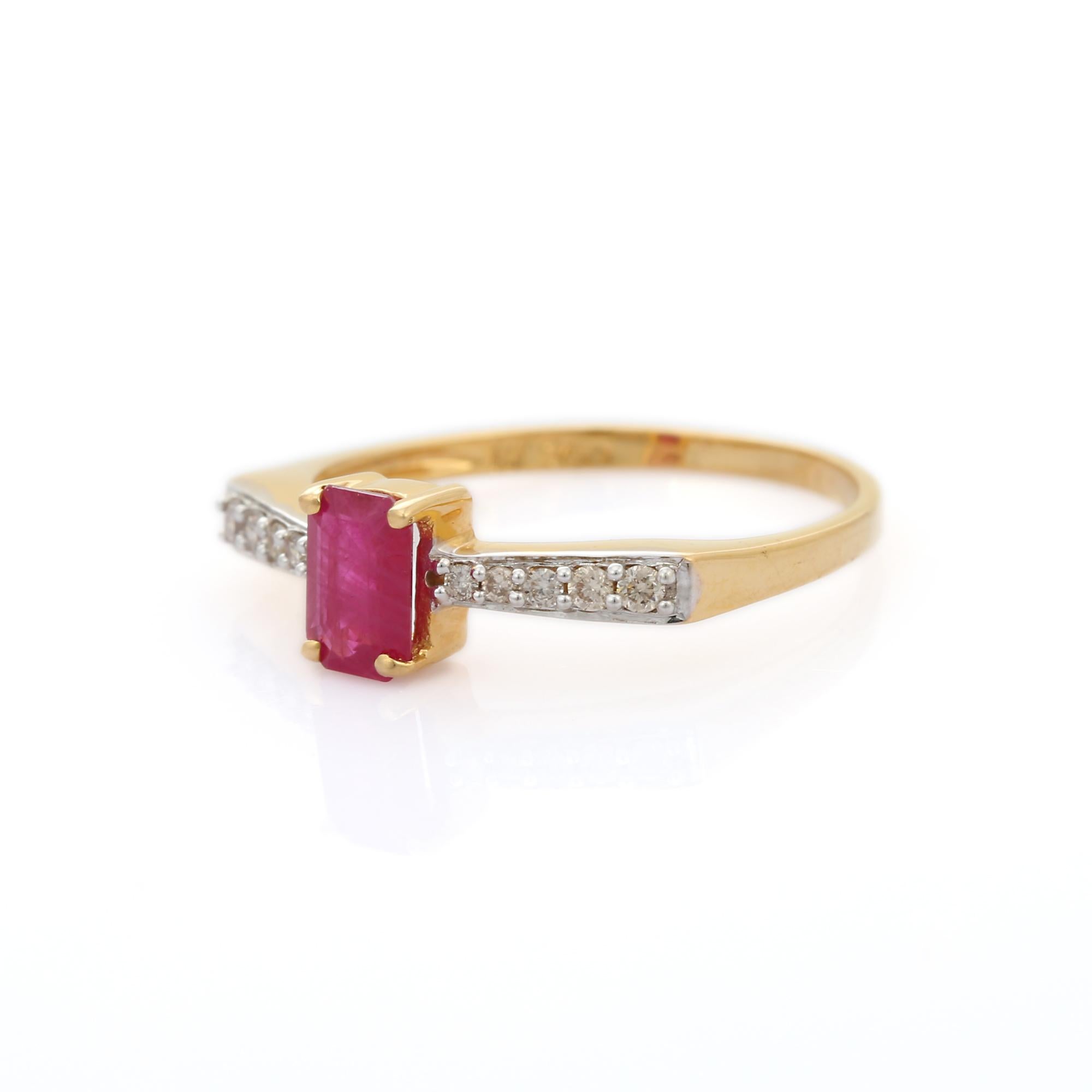 For Sale:  Dainty Stackable Octagon Cut Diamond and Ruby 18K Yellow Gold Ring 4