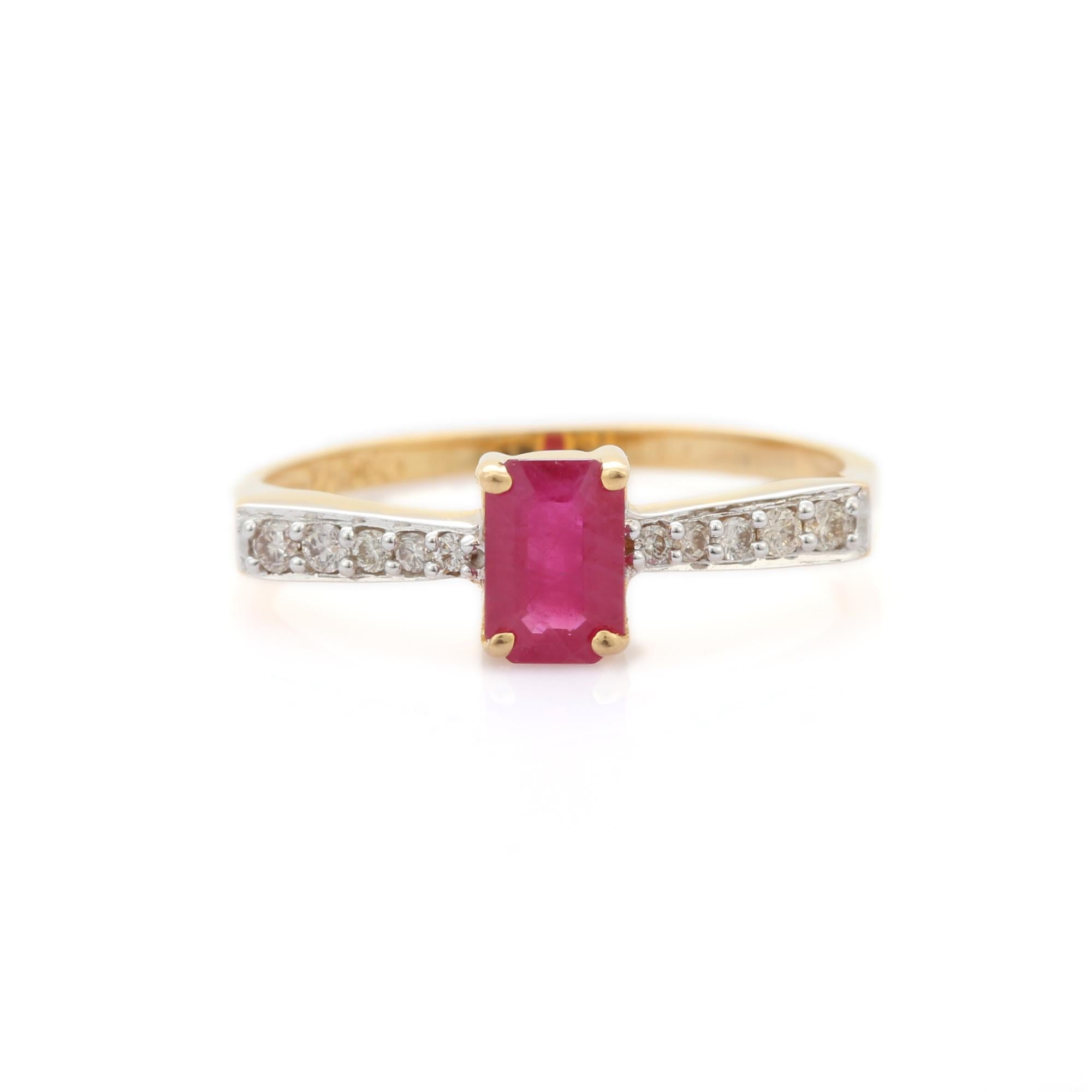 For Sale:  Dainty Stackable Octagon Cut Diamond and Ruby 18K Yellow Gold Ring 5