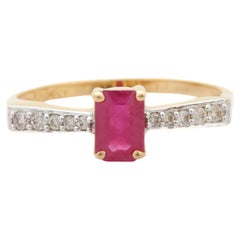 Dainty Stackable Octagon Cut Diamond and Ruby 18K Yellow Gold Ring