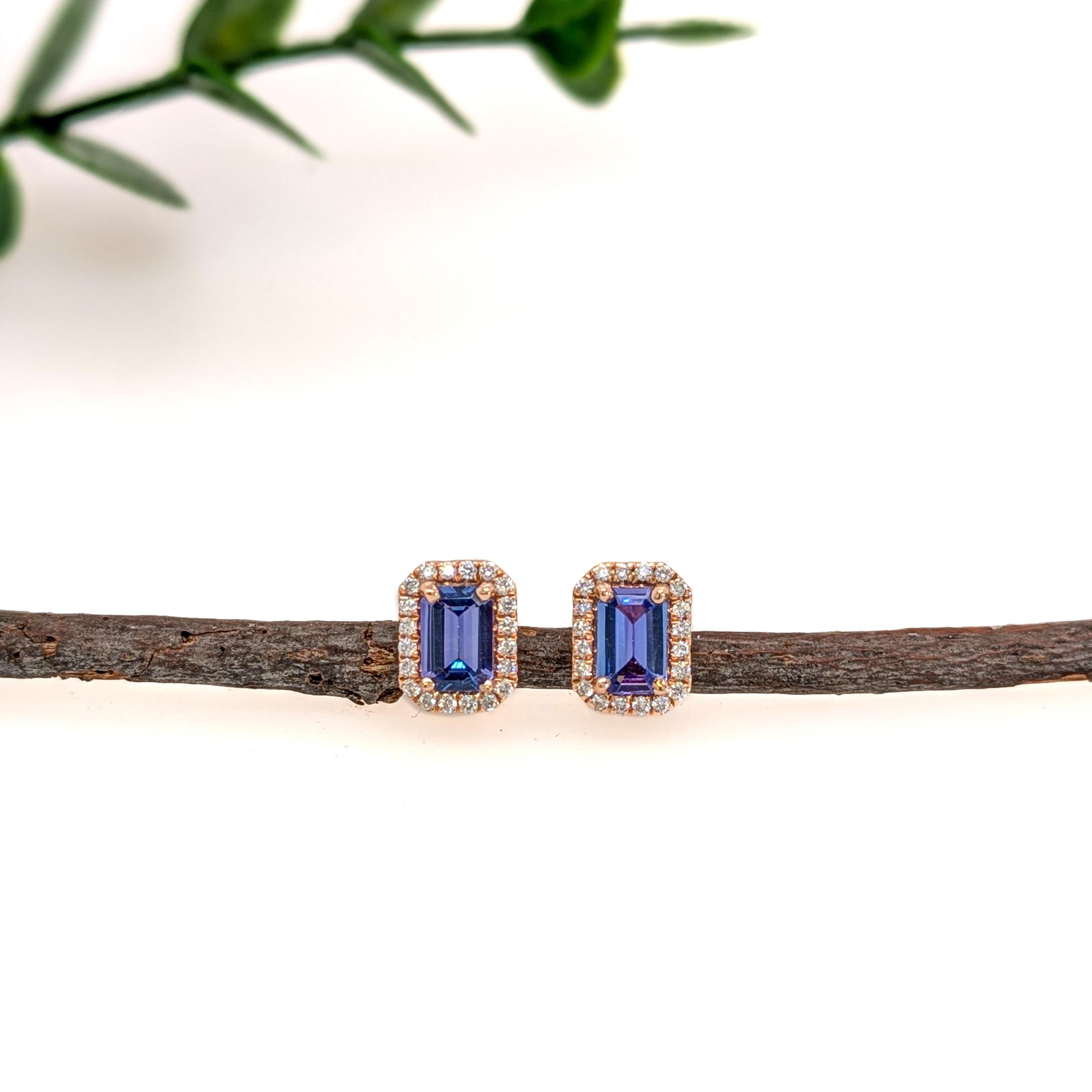 Art Deco Dainty Tanzanite Studs w Natural Diamond Halo in Solid 14K Rose Gold  EM 6x4mm For Sale