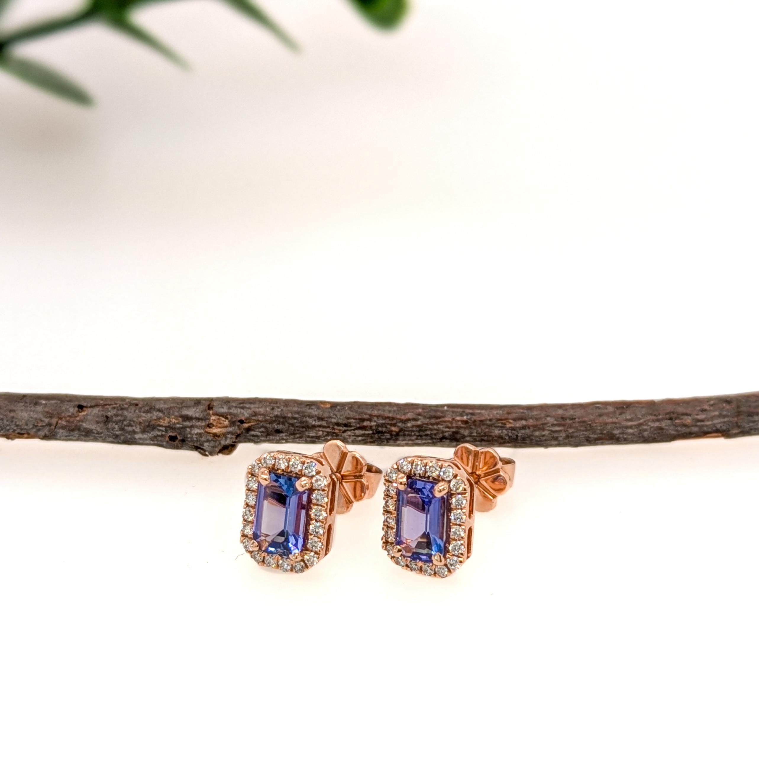 Cushion Cut Dainty Tanzanite Studs w Natural Diamond Halo in Solid 14K Rose Gold  EM 6x4mm For Sale