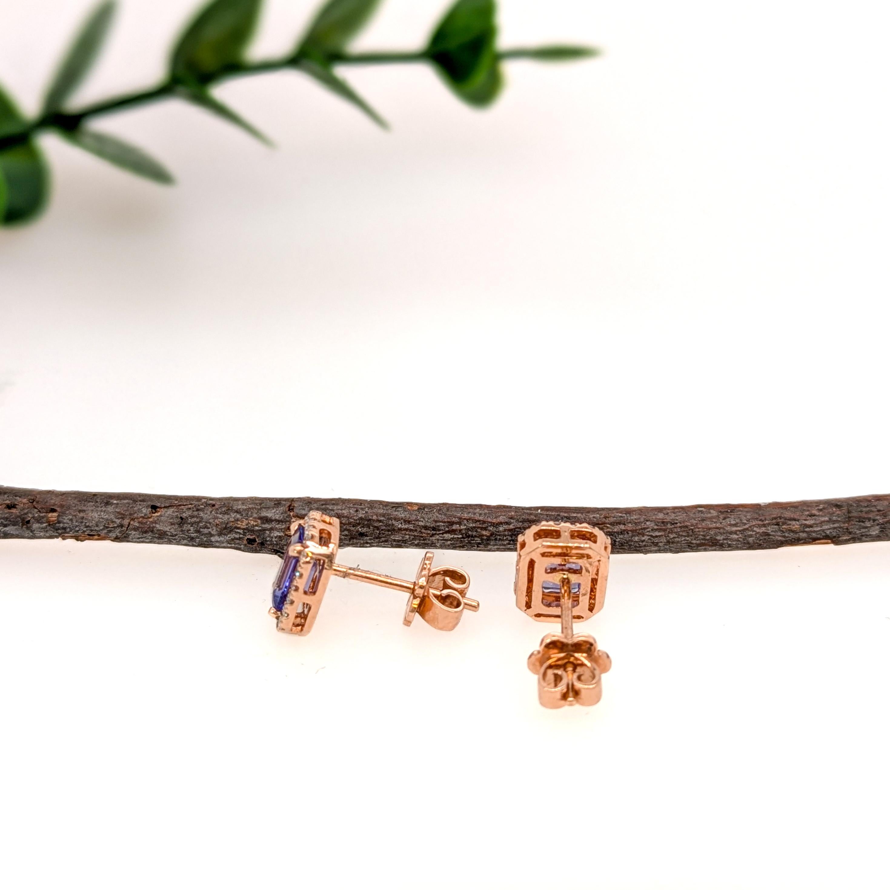 Dainty Tanzanite Studs w Natural Diamond Halo in Solid 14K Rose Gold  EM 6x4mm In New Condition For Sale In Columbus, OH