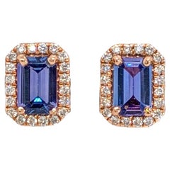 Dainty Tanzanite Studs w Natural Diamond Halo in Solid 14K Rose Gold (Boucles d'oreilles délicates en tanzanite avec halo en diamant naturel en or rose massif 14K)  EM 6x4mm