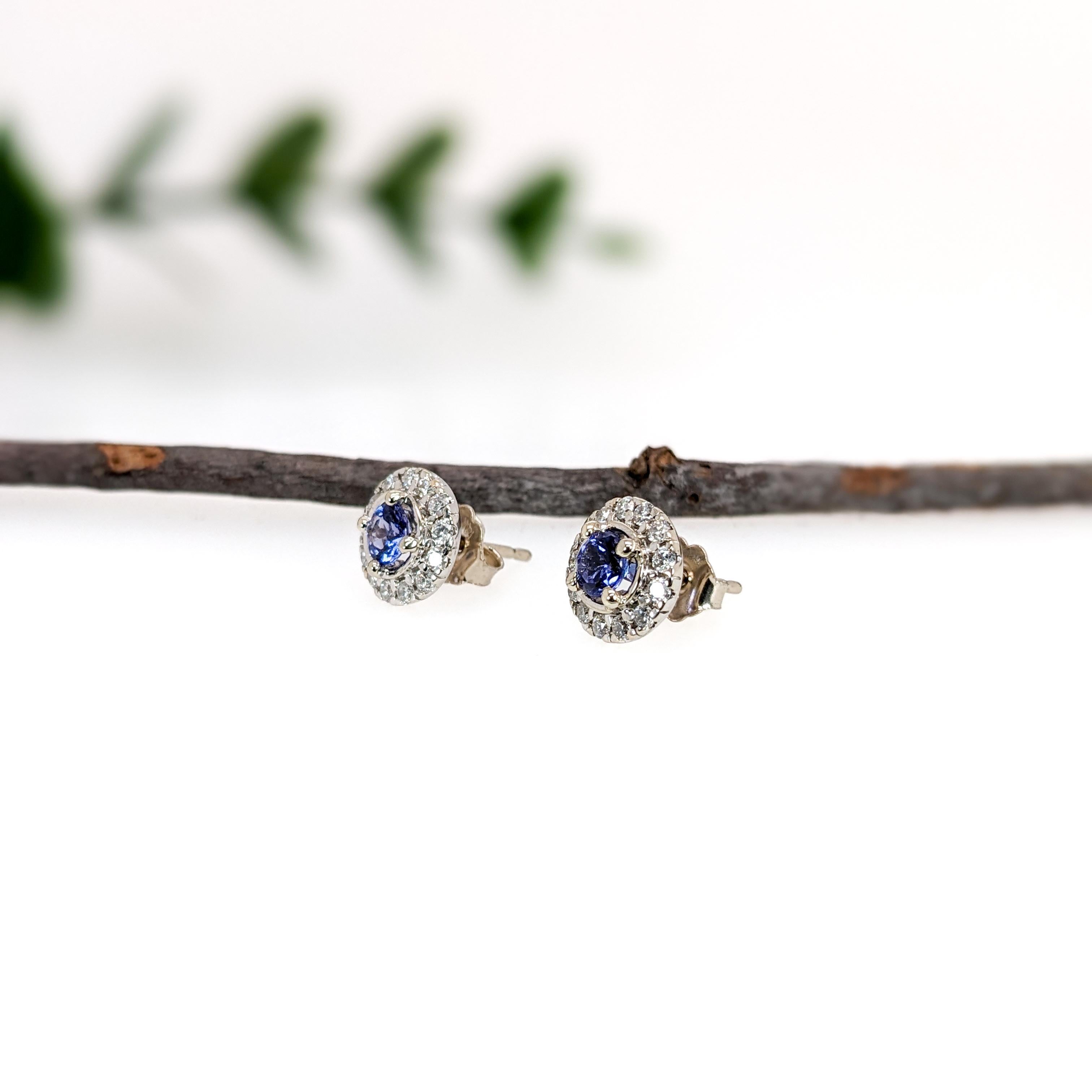 Art Deco Dainty Tanzanite Studs w Natural Diamond Halo in Solid 14K White Gold  RD 4mm