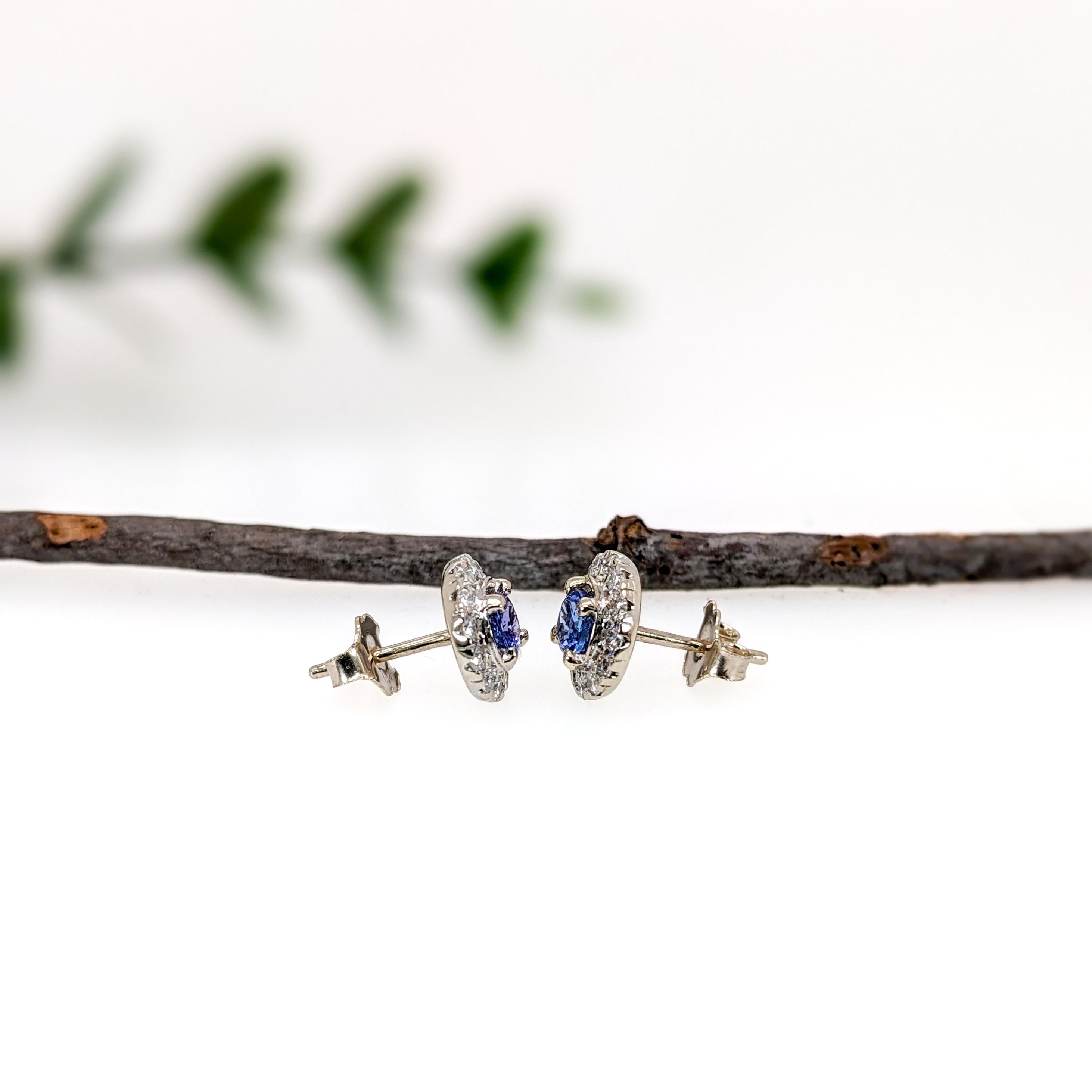 Round Cut Dainty Tanzanite Studs w Natural Diamond Halo in Solid 14K White Gold  RD 4mm