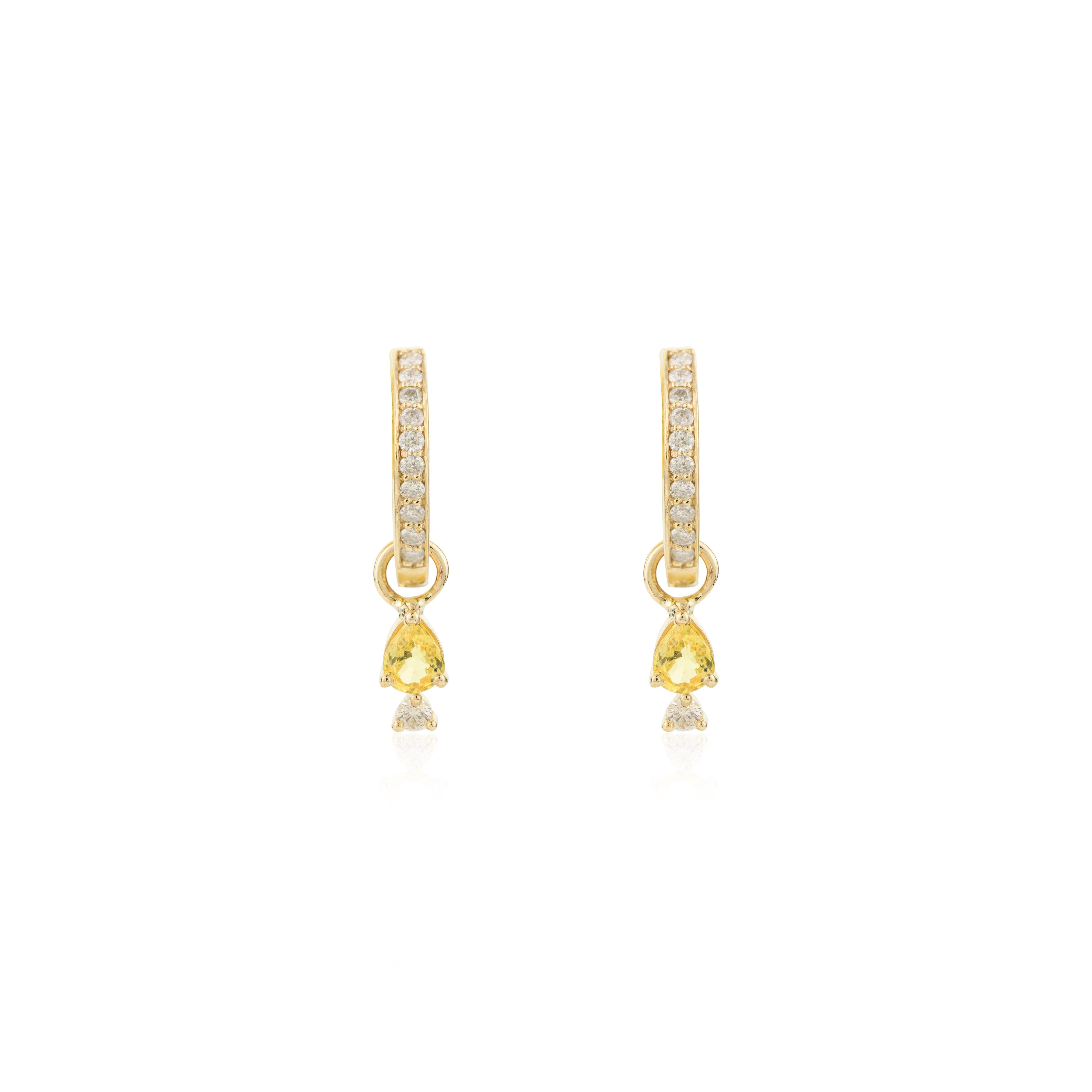 Contemporary Dainty Teardrop Yellow Sapphire Diamond Huggie Earrings in 14k Solid Yellow Gold For Sale