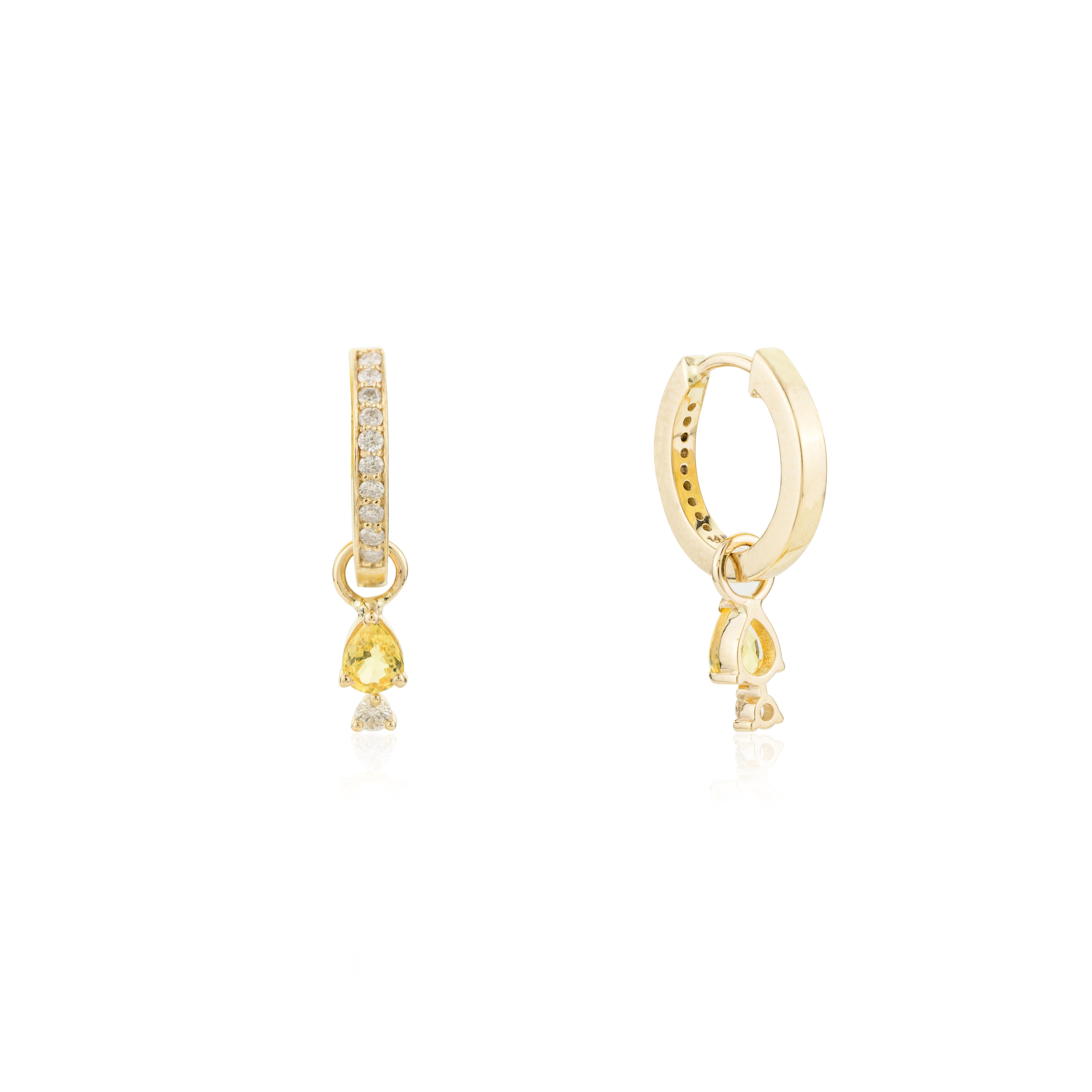 Dainty Teardrop Yellow Sapphire Diamond Huggie Earrings in 14k Solid Yellow Gold In New Condition For Sale In New York, NY