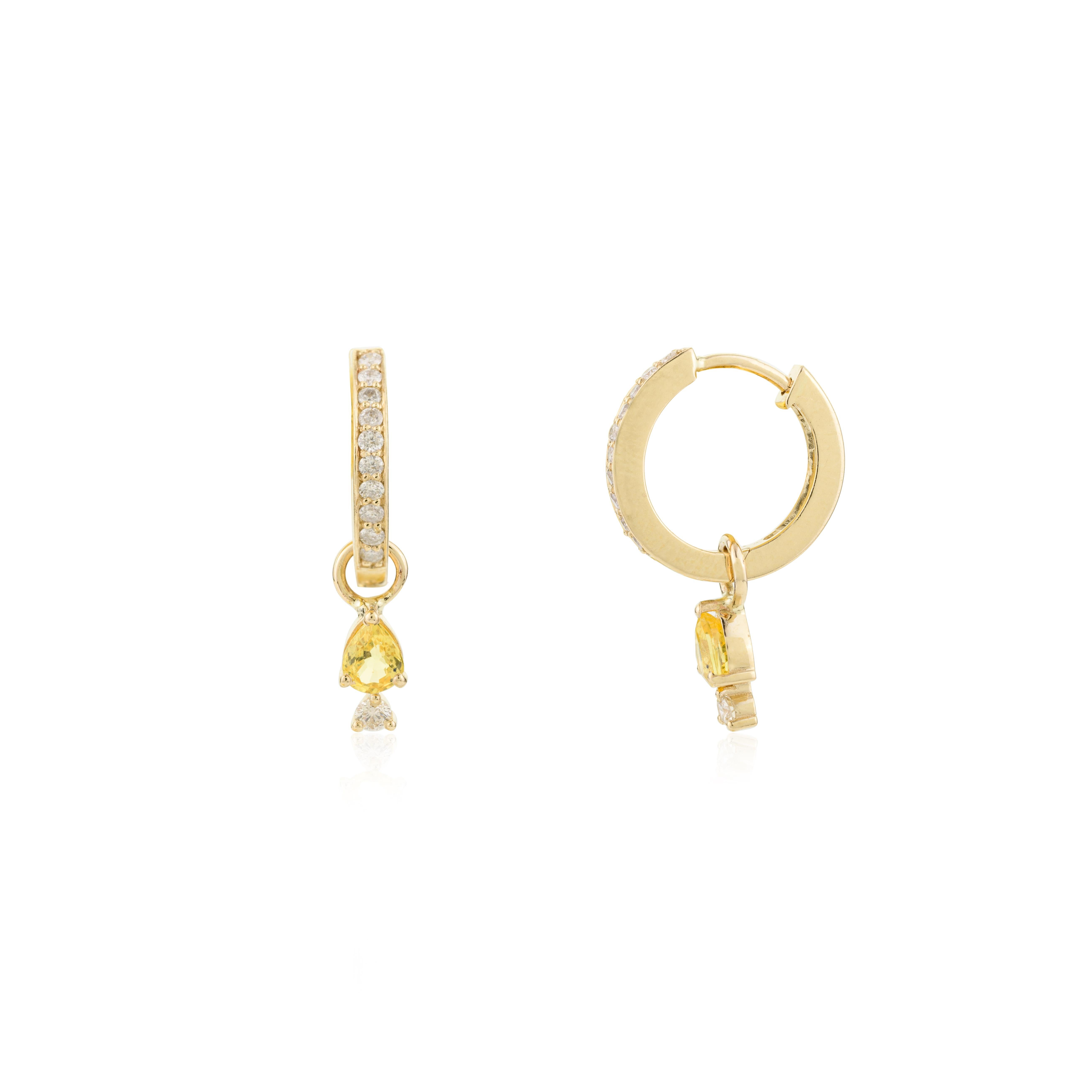 Dainty Teardrop Yellow Sapphire Diamond Huggie Earrings in 14k Solid Yellow Gold For Sale 1
