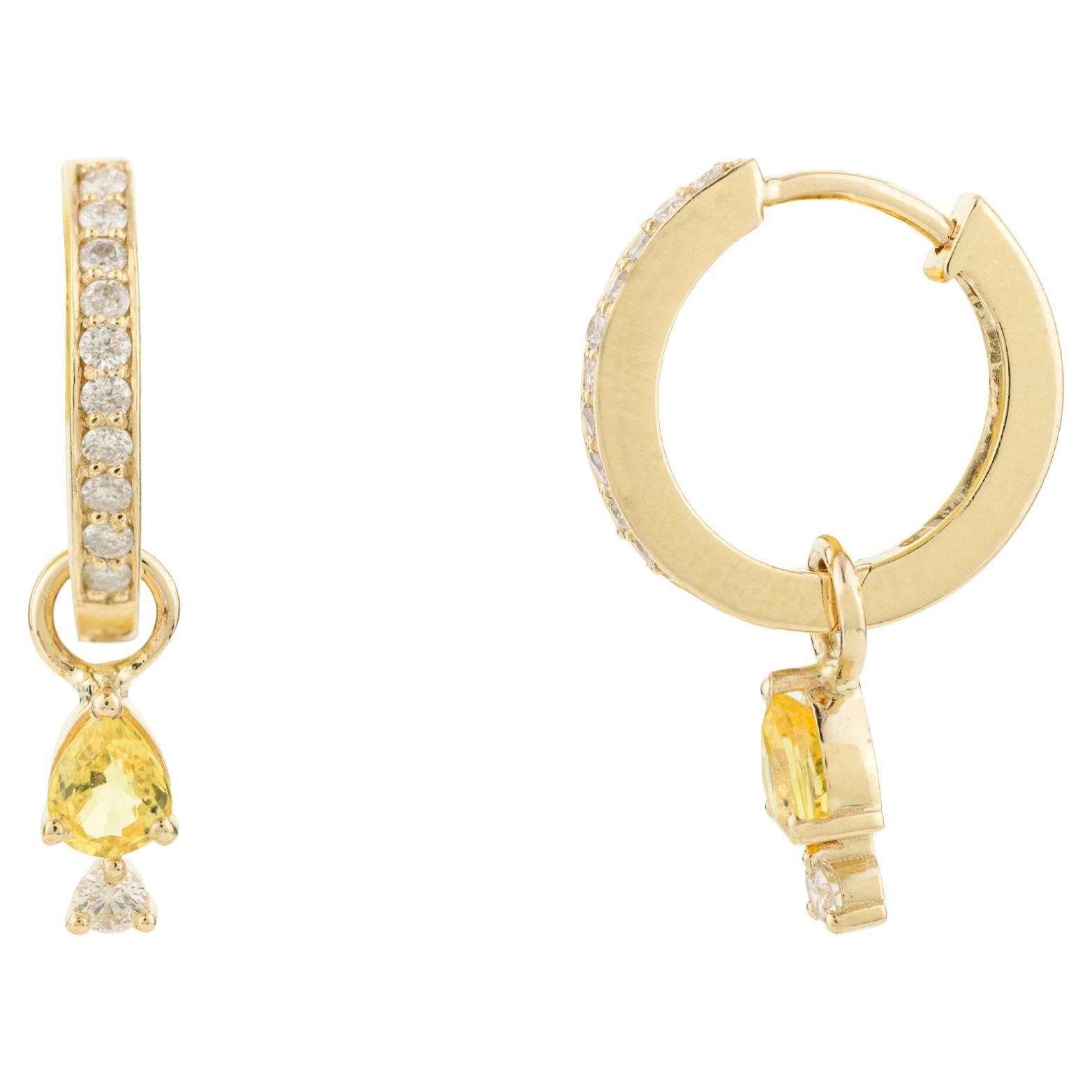 Dainty Teardrop Yellow Sapphire Diamond Huggie Earrings in 14k Solid Yellow Gold