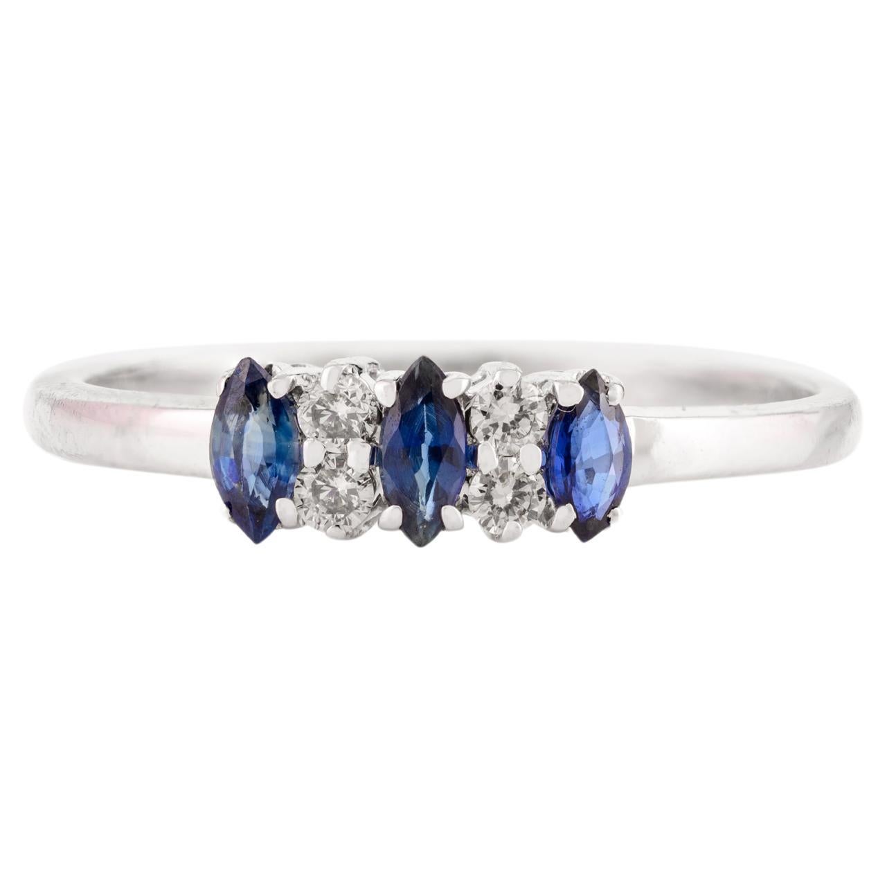 Dainty Three Stone Fine Blue Sapphire and Diamond Ring in 14k Solid White Gold
