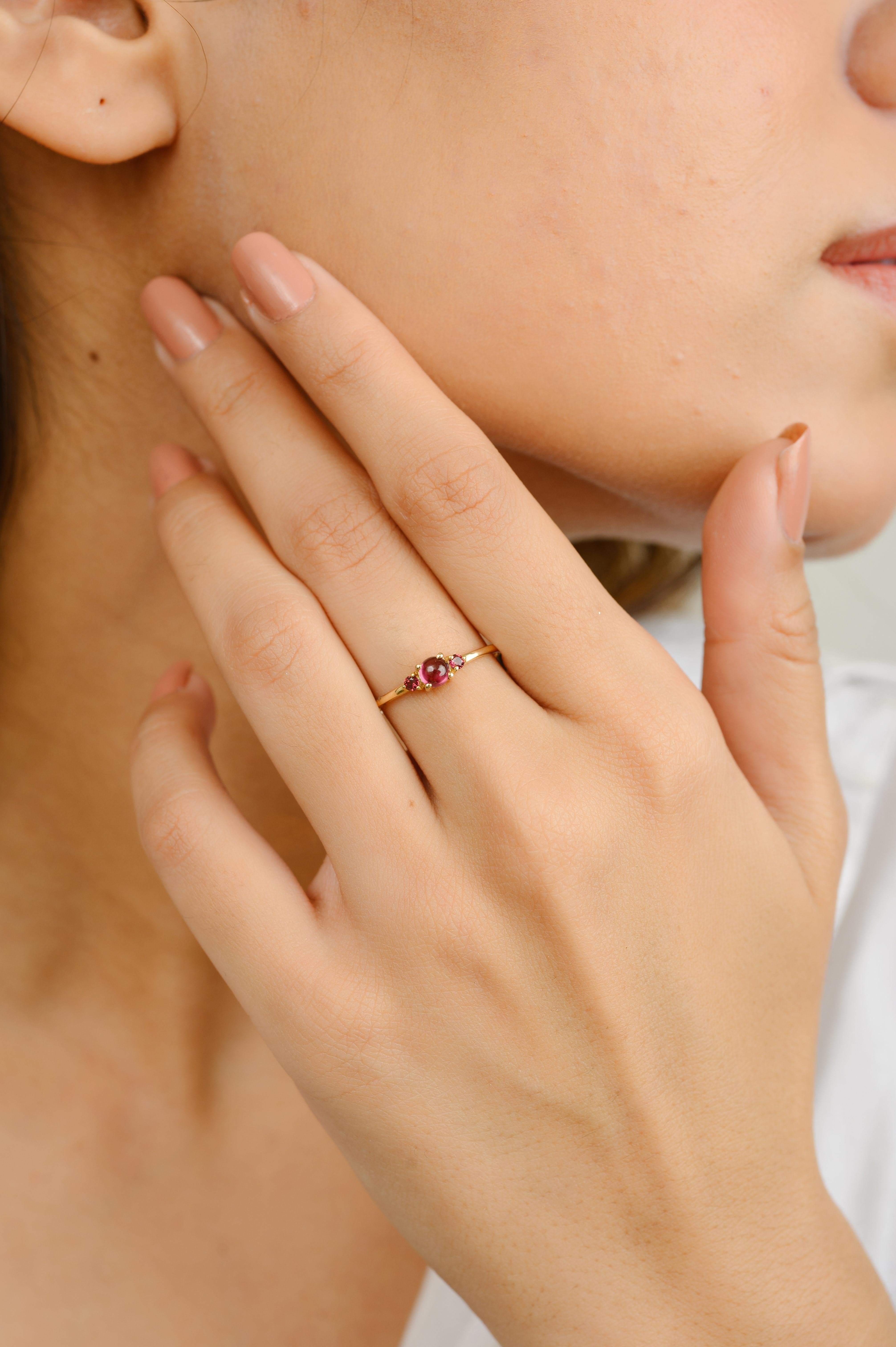 For Sale:  Dainty Three Stone Garnet Ring 14k Solid Yellow Gold Promise Ring for Her 2