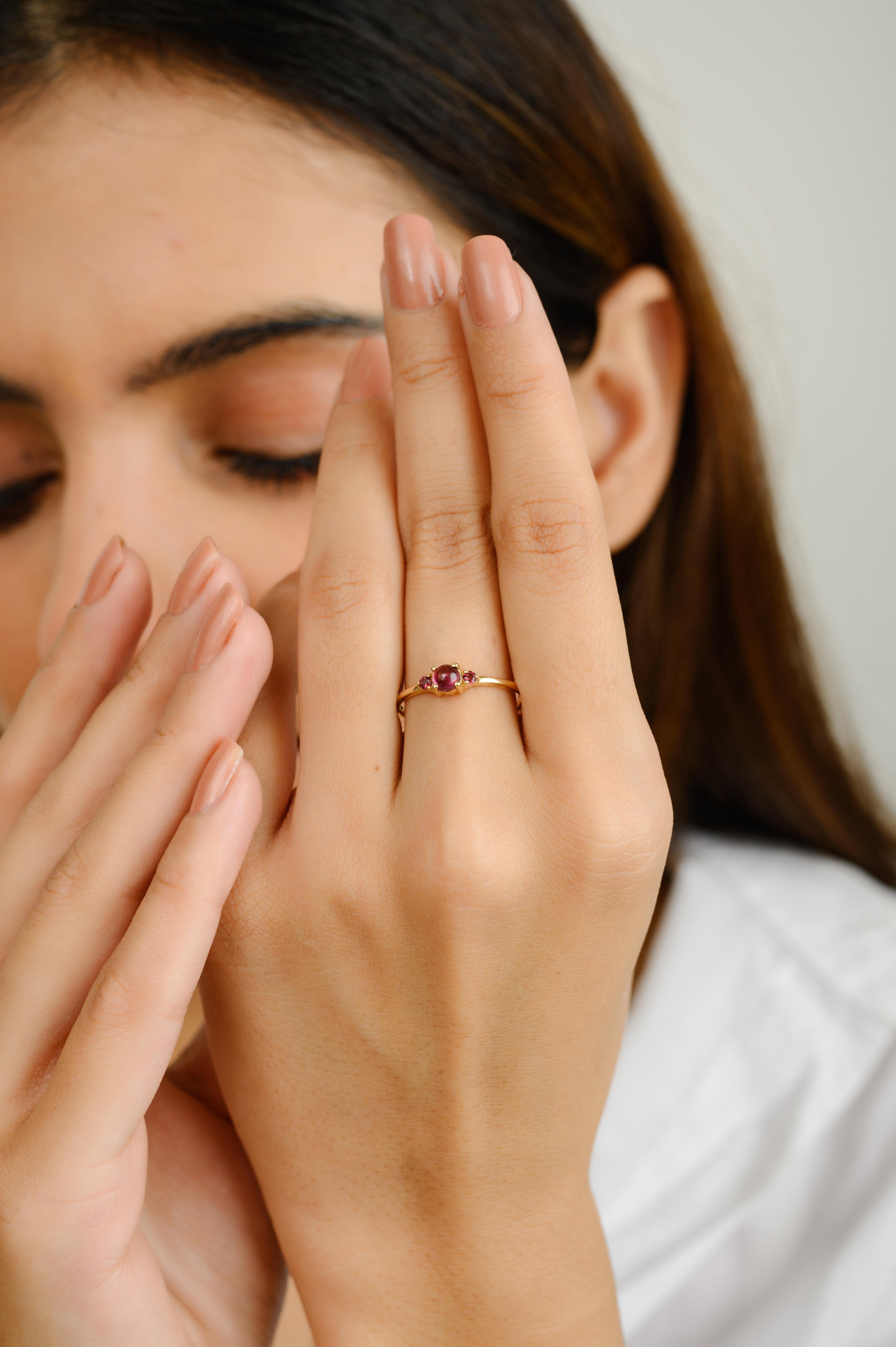 For Sale:  Dainty Three Stone Garnet Ring 14k Solid Yellow Gold Promise Ring for Her 4