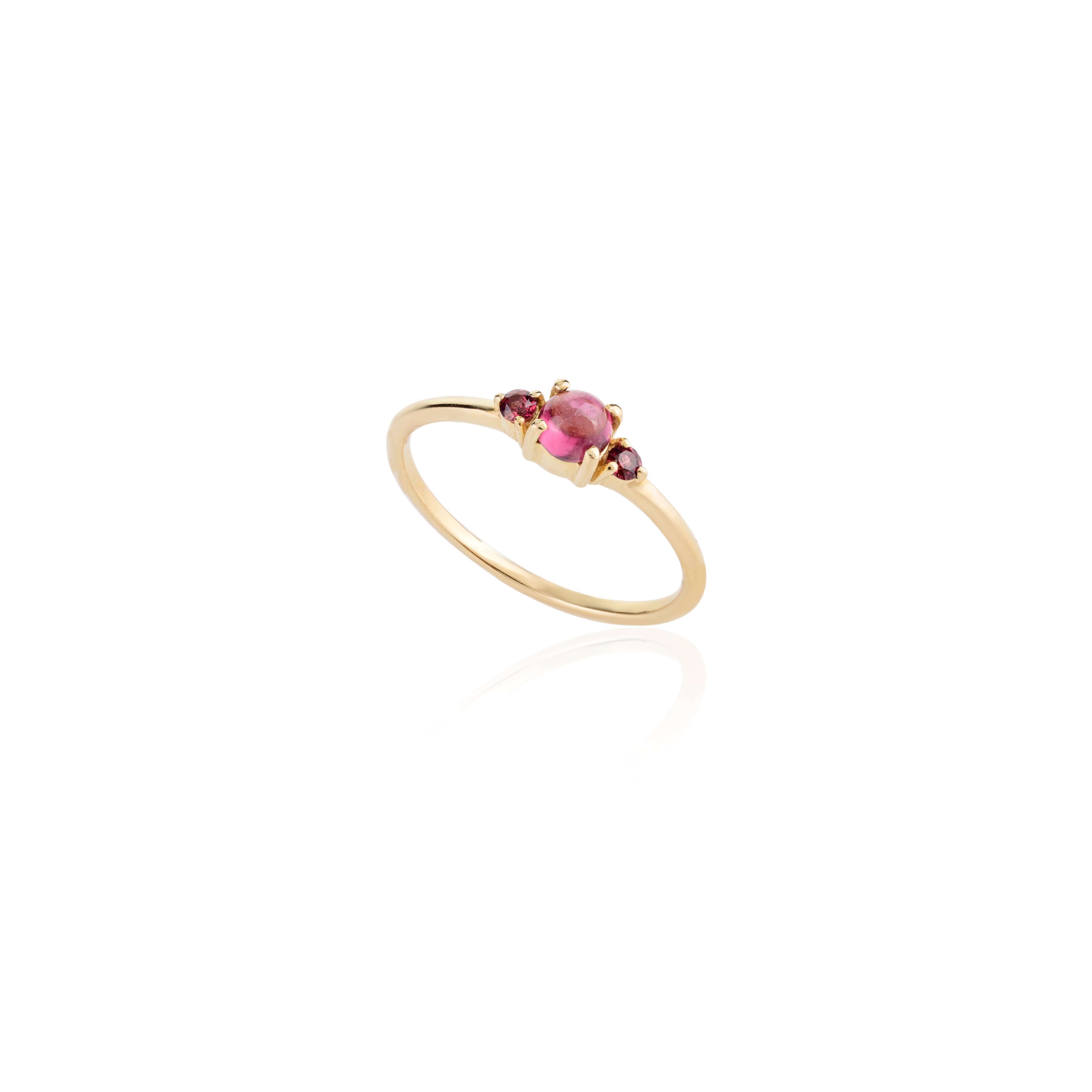For Sale:  Dainty Three Stone Garnet Ring 14k Solid Yellow Gold Promise Ring for Her 8