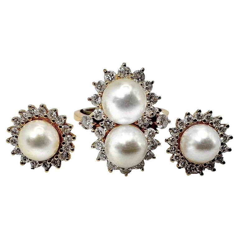 Dainty Traditional Yellow Gold, Akoya Pearl and Diamond Ring and