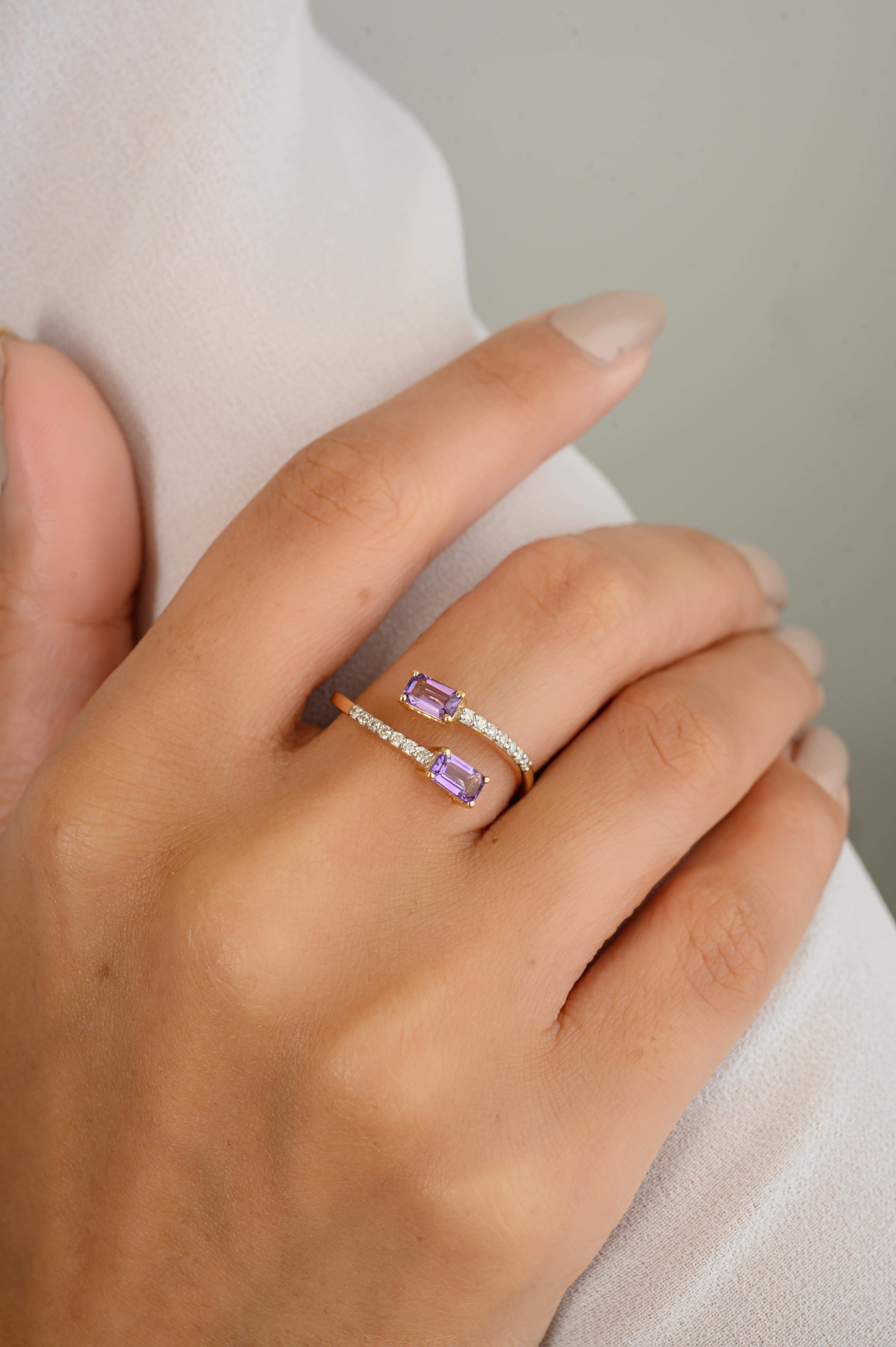 For Sale:  Dainty Two Stone Amethyst By Pass Ring Gift for Her in 14k Solid Yellow Gold 6
