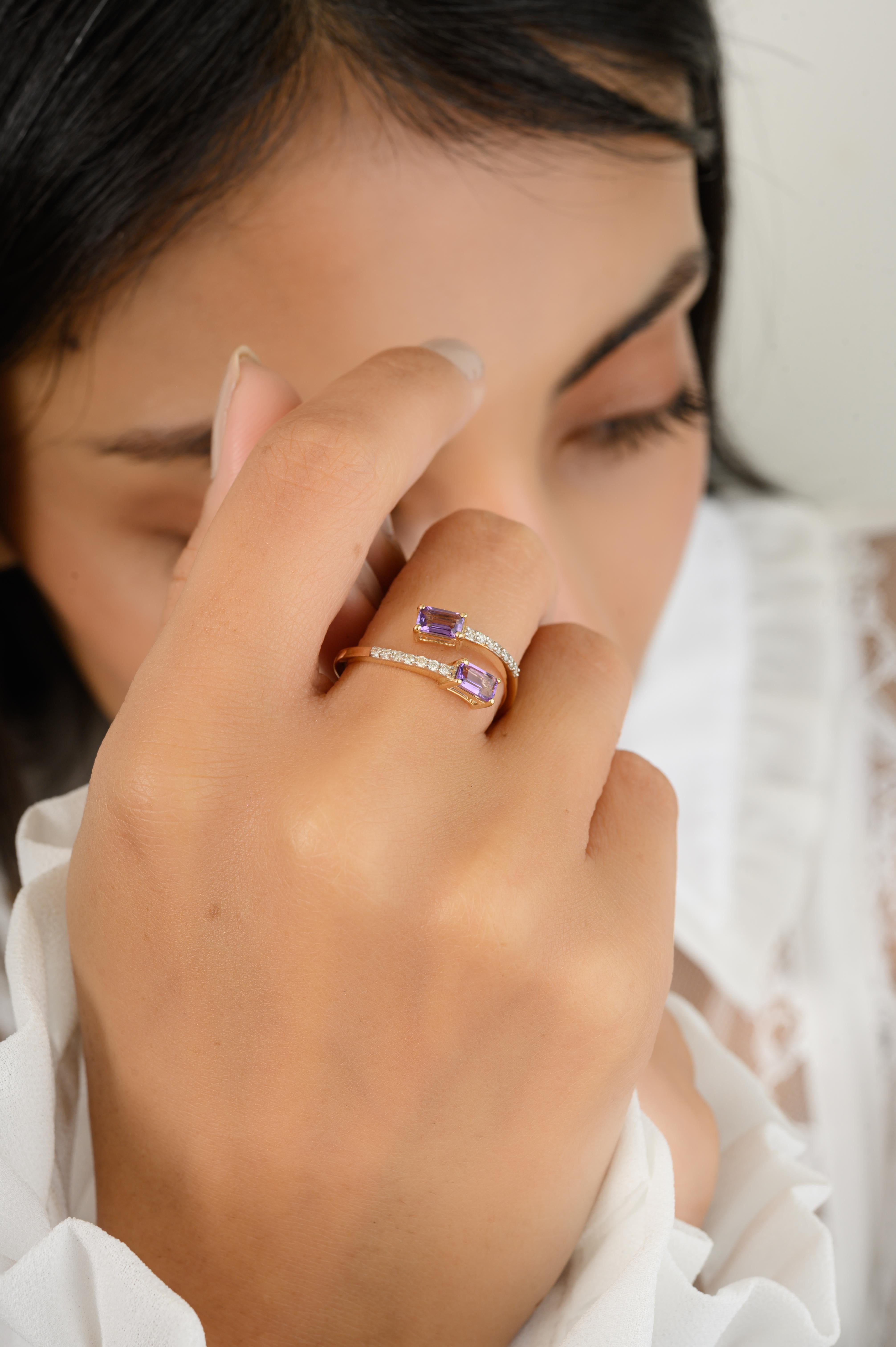 For Sale:  Dainty Two Stone Amethyst By Pass Ring Gift for Her in 14k Solid Yellow Gold 8