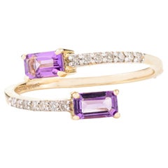 Bague à deux pierres en améthyste By Pass Cadeau pour elle en or jaune massif 14k