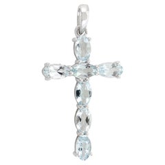 Delicado colgante unisex en forma de cruz de aguamarina de 1,16 quilates de oro blanco macizo de 18 quilates