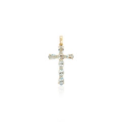 Dainty Unisex 1.29 CTW Aquamarine Cross Pendant Made in 14k Solid Yellow Gold