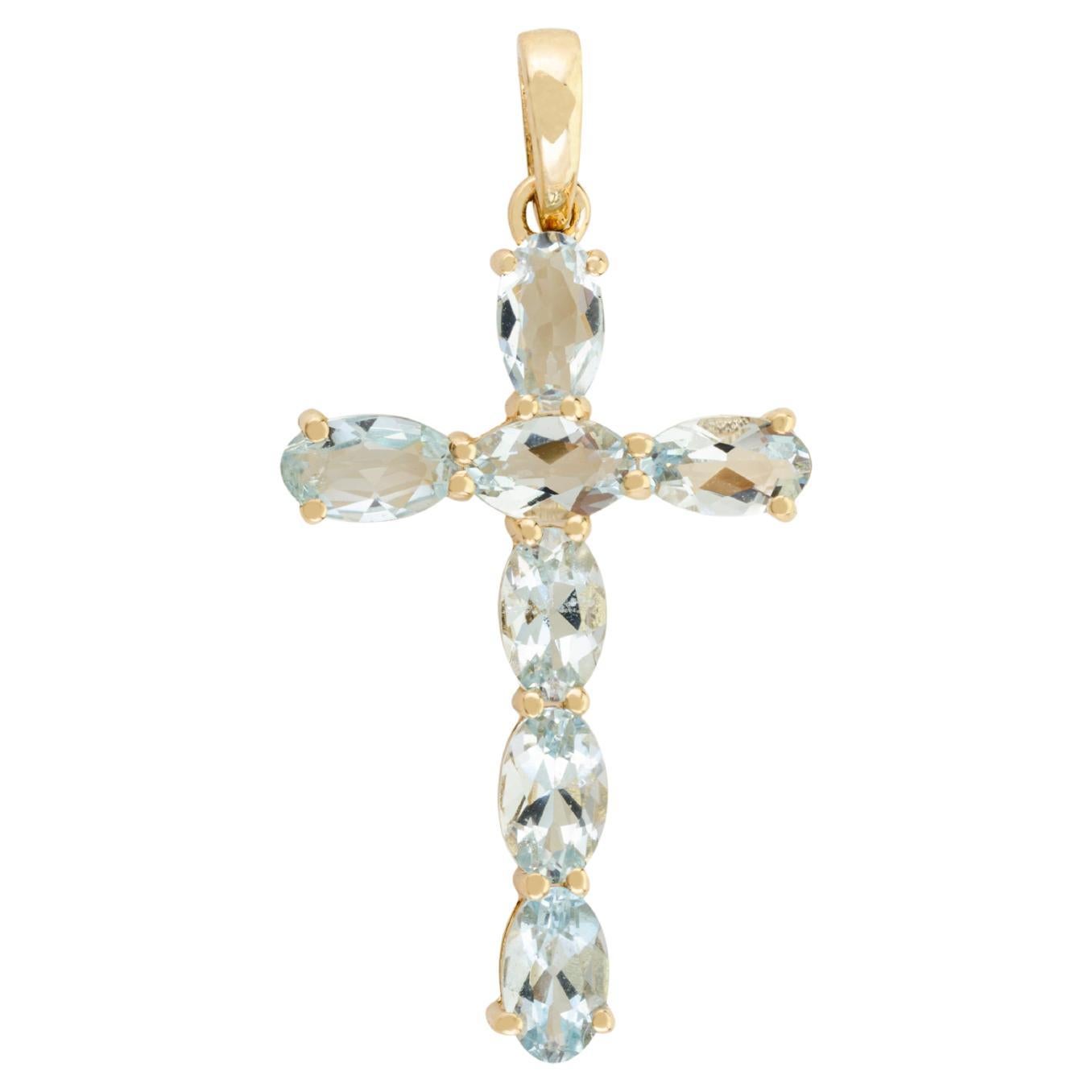 Delicato ciondolo a croce unisex con acquamarina da 1,29 CTW realizzato in oro giallo massiccio 14k