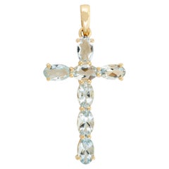 Dainty Unisex 1,29 CTW Aquamarin-Kreuz-Anhänger aus 14k massivem Gelbgold