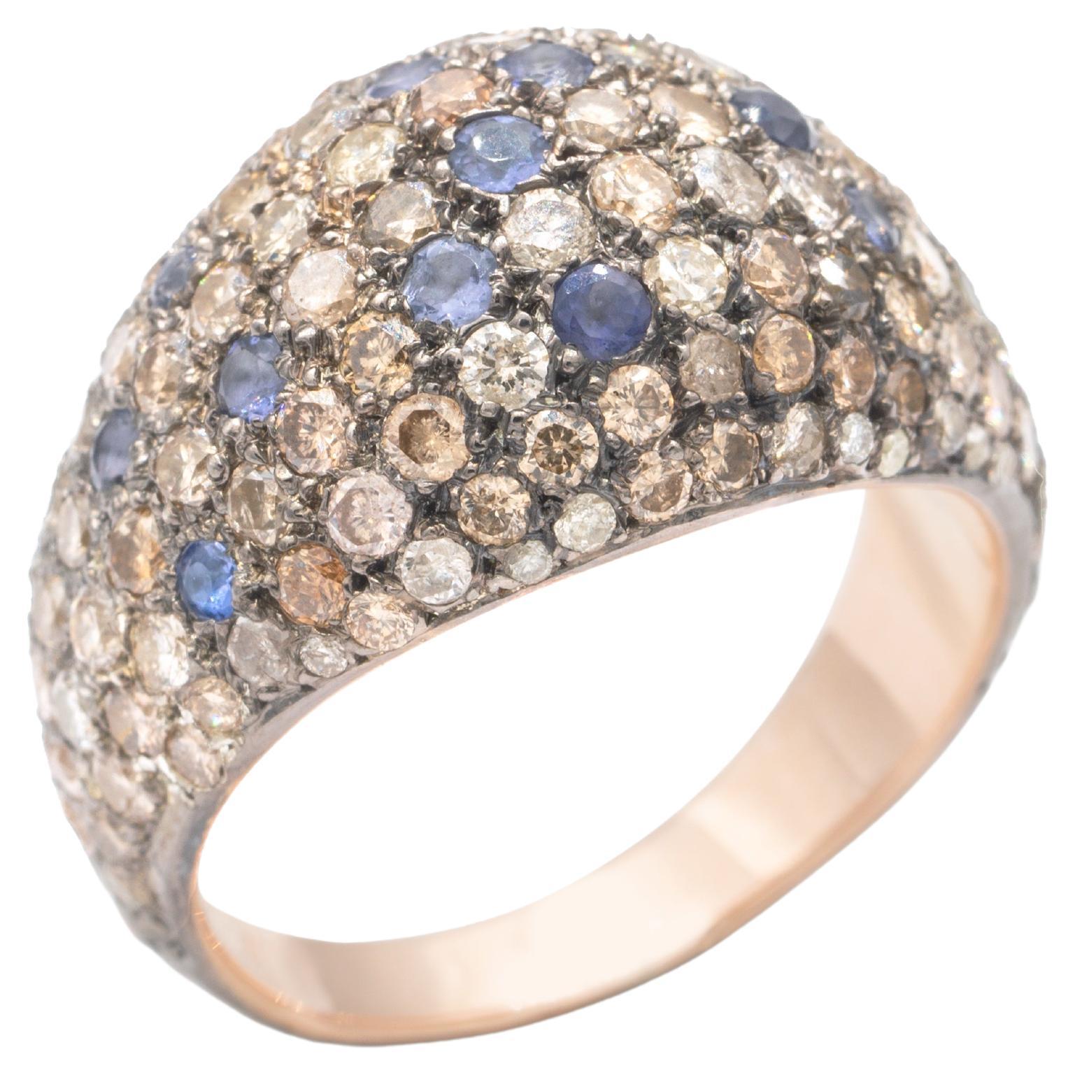 For Sale:   URART Dainty "Hill" Ring 9k Rose Gold, Sterling Silver, Cognac Diamonds, Iolite