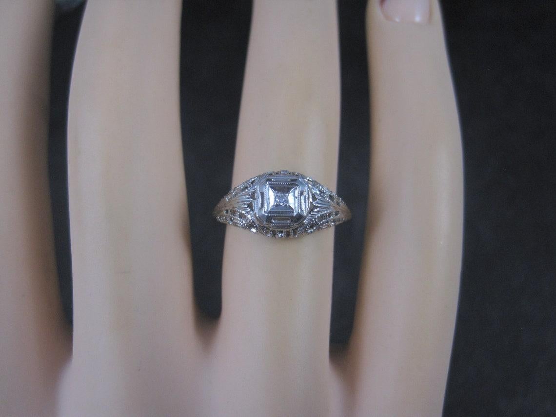 Art Deco Dainty Vintage 10K Filigree Diamond Promise Ring Size 6 For Sale