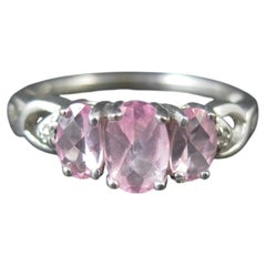 Dainty 10K White Gold Pink Topaz Ring with Diamond Accents, Size 7