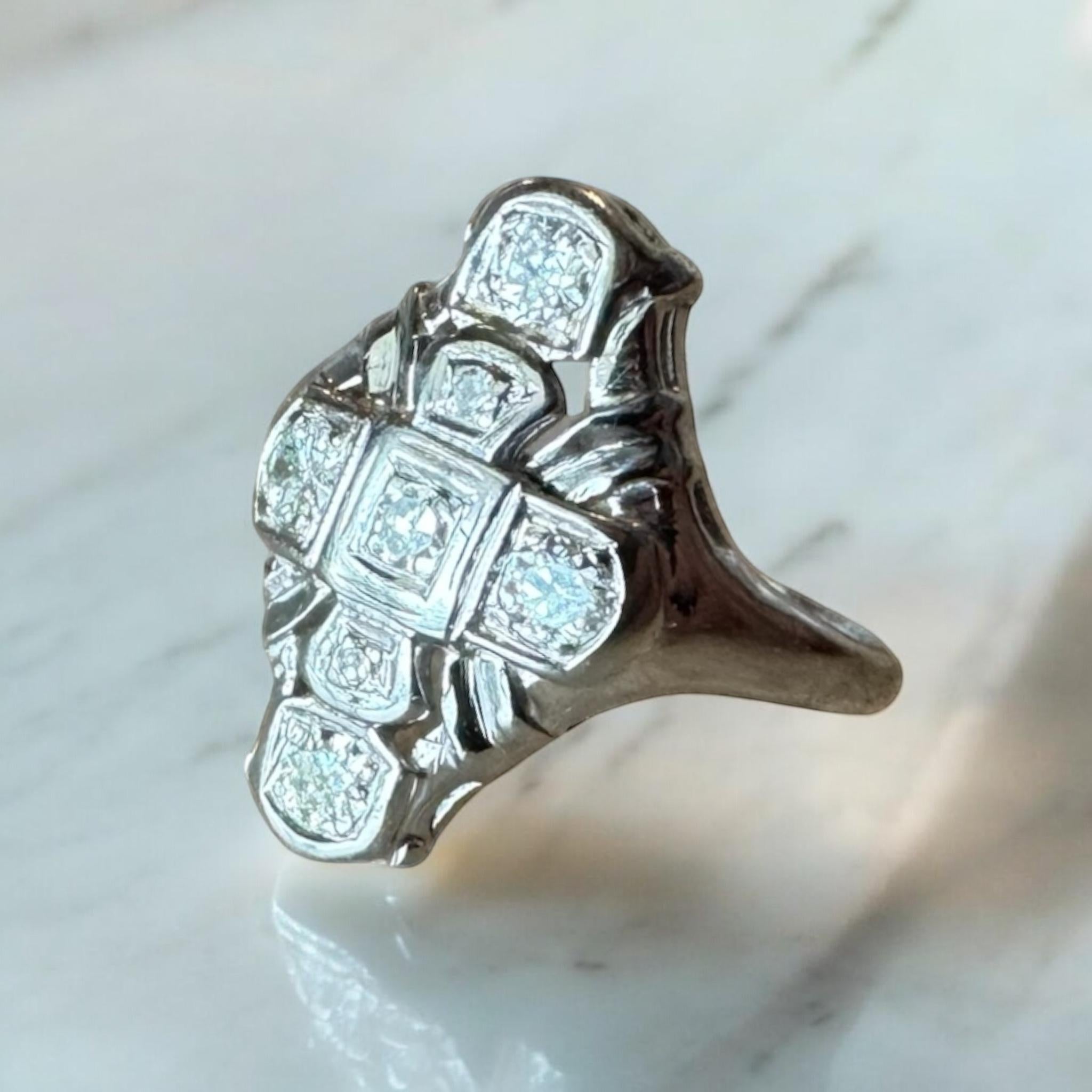 Dainty Vintage Diamond Cocktail Ring 14K White Gold For Sale 5