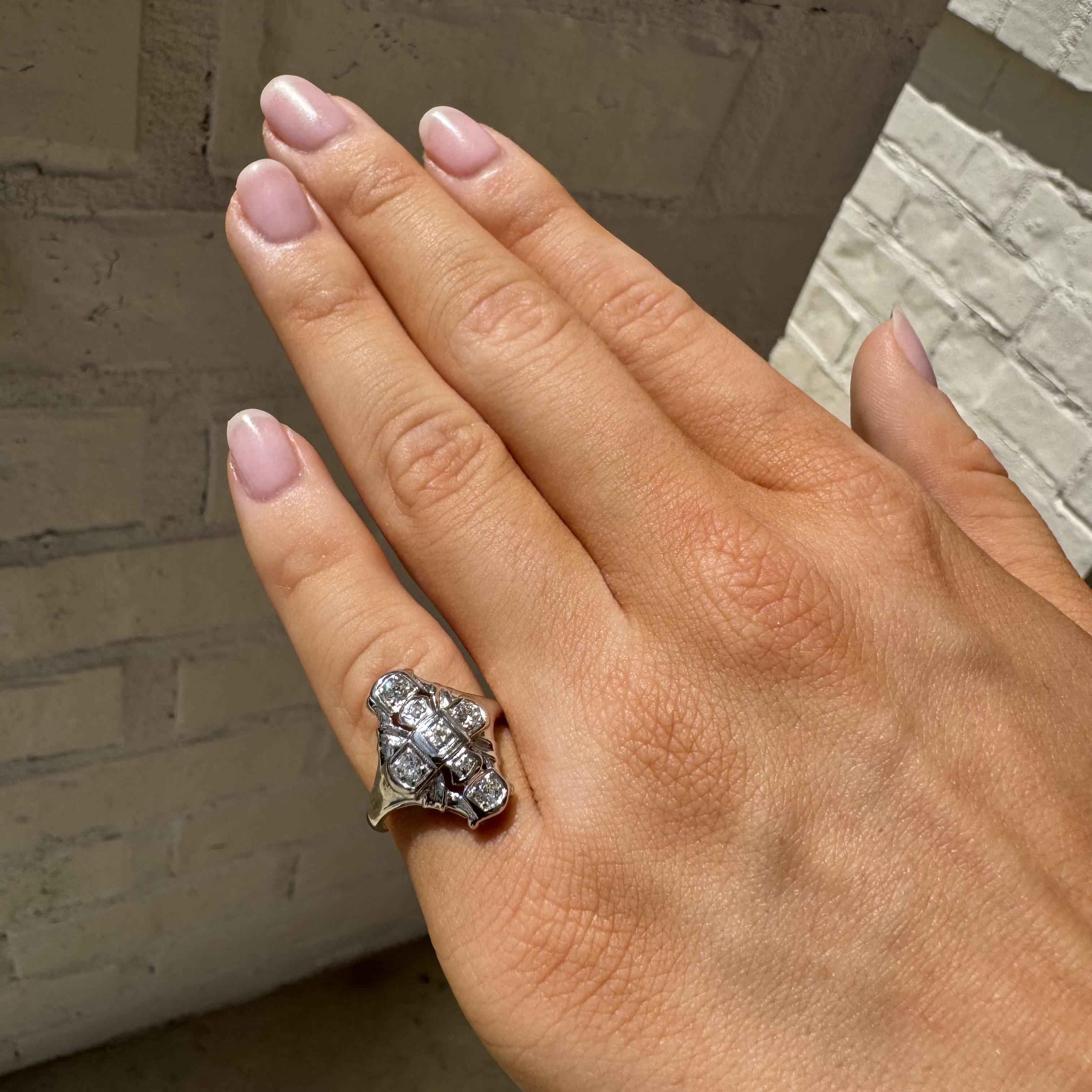 Art Deco Dainty Vintage Diamond Cocktail Ring 14K White Gold For Sale