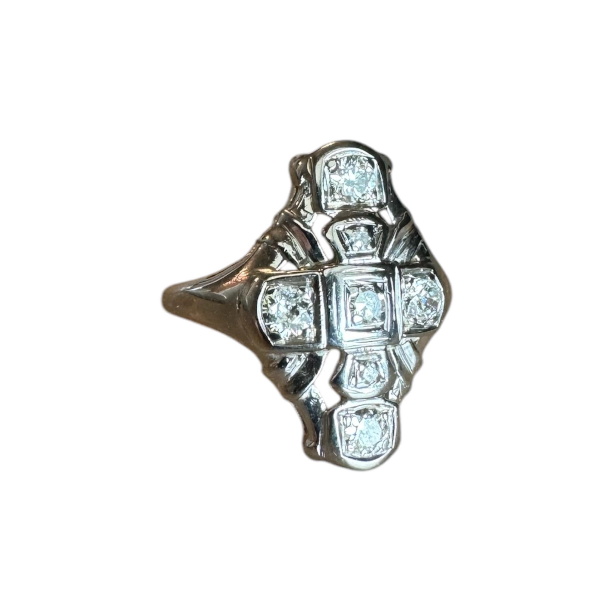 Women's Dainty Vintage Diamond Cocktail Ring 14K White Gold For Sale