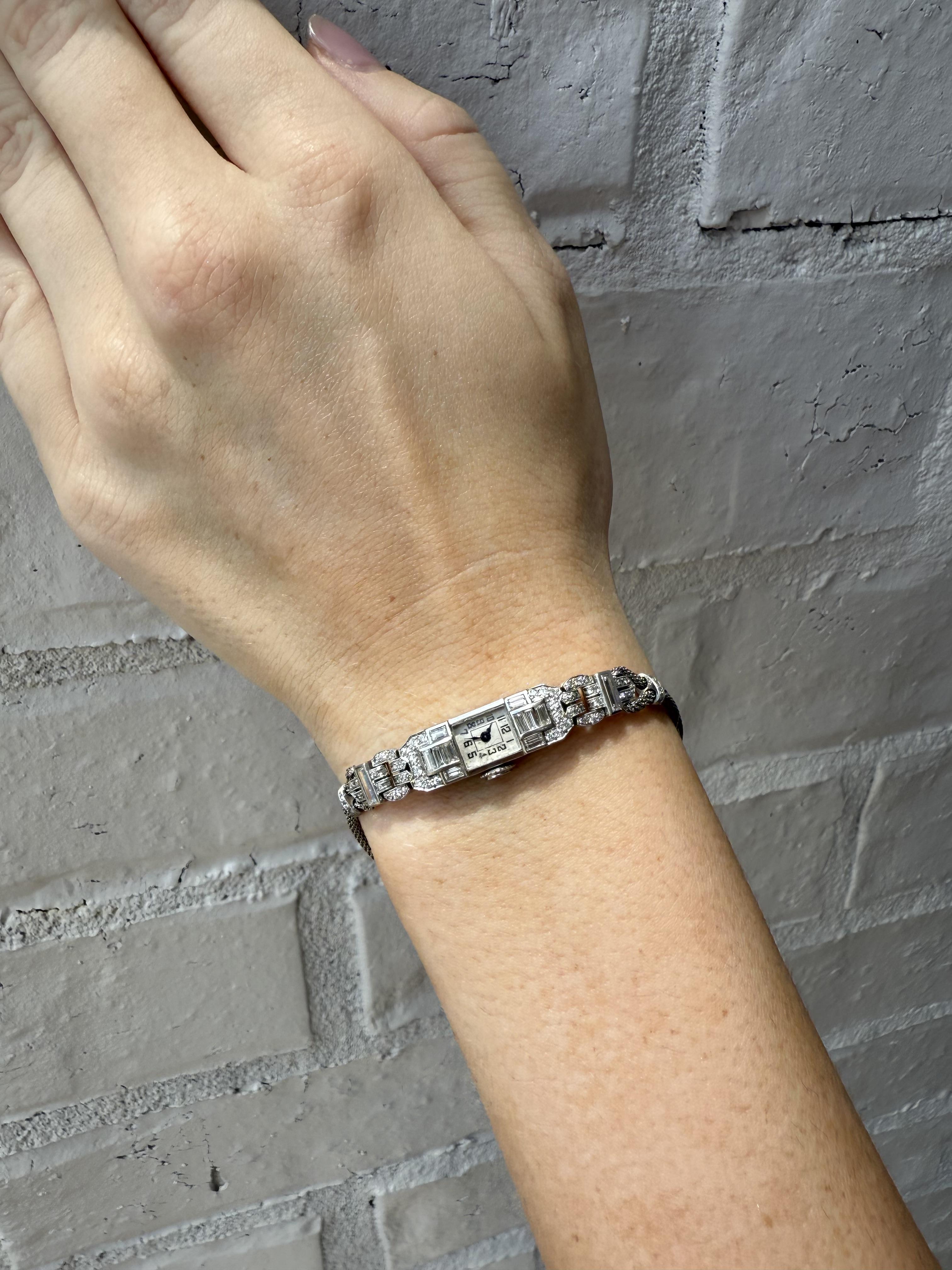 We always love these vintage watches!!
They were such statement pieces.

Watch Details
Material: Platinum
Era: Art Deco 1920 - 1940
Engraved: Jack to Edith 1917 - 1942
Head Width: 8mm
Weight: 18.4 Grams
Length: 6 1/2 Inches
Bracelet Can Be Shortened