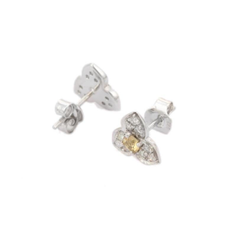 Art Nouveau Dainty Yellow Sapphire Diamond Trillium Flower Stud Earrings in Sterling Silver For Sale