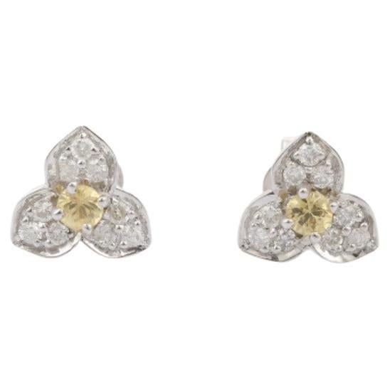Dainty Yellow Sapphire Diamond Trillium Flower Stud Earrings in Sterling Silver For Sale