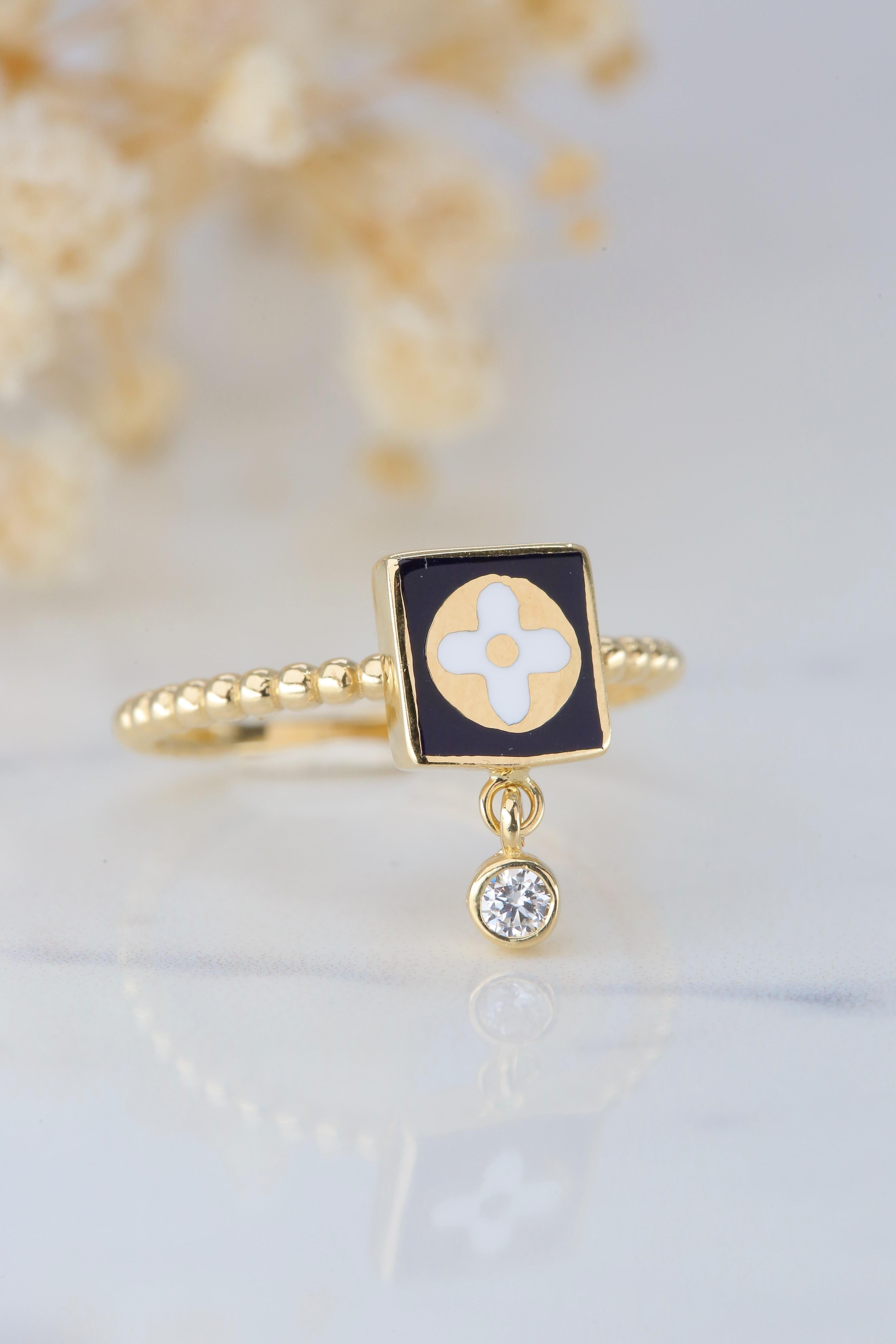Dainty Zircon Enameled and Lapis Ring, 14K Gold, Minimalist Style Ring 4