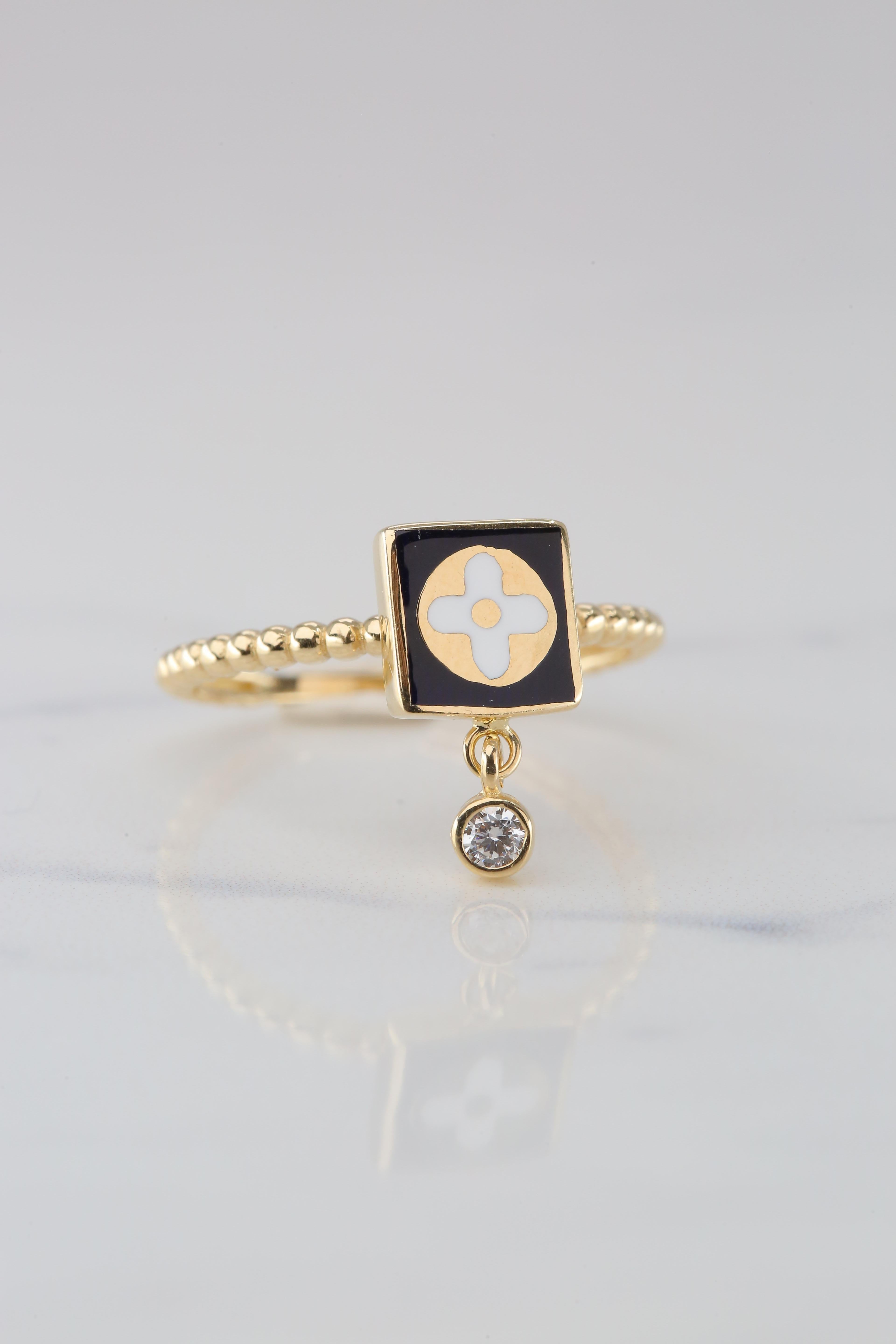 Dainty Zircon Enameled and Lapis Ring, 14K Gold, Minimalist Style Ring 7