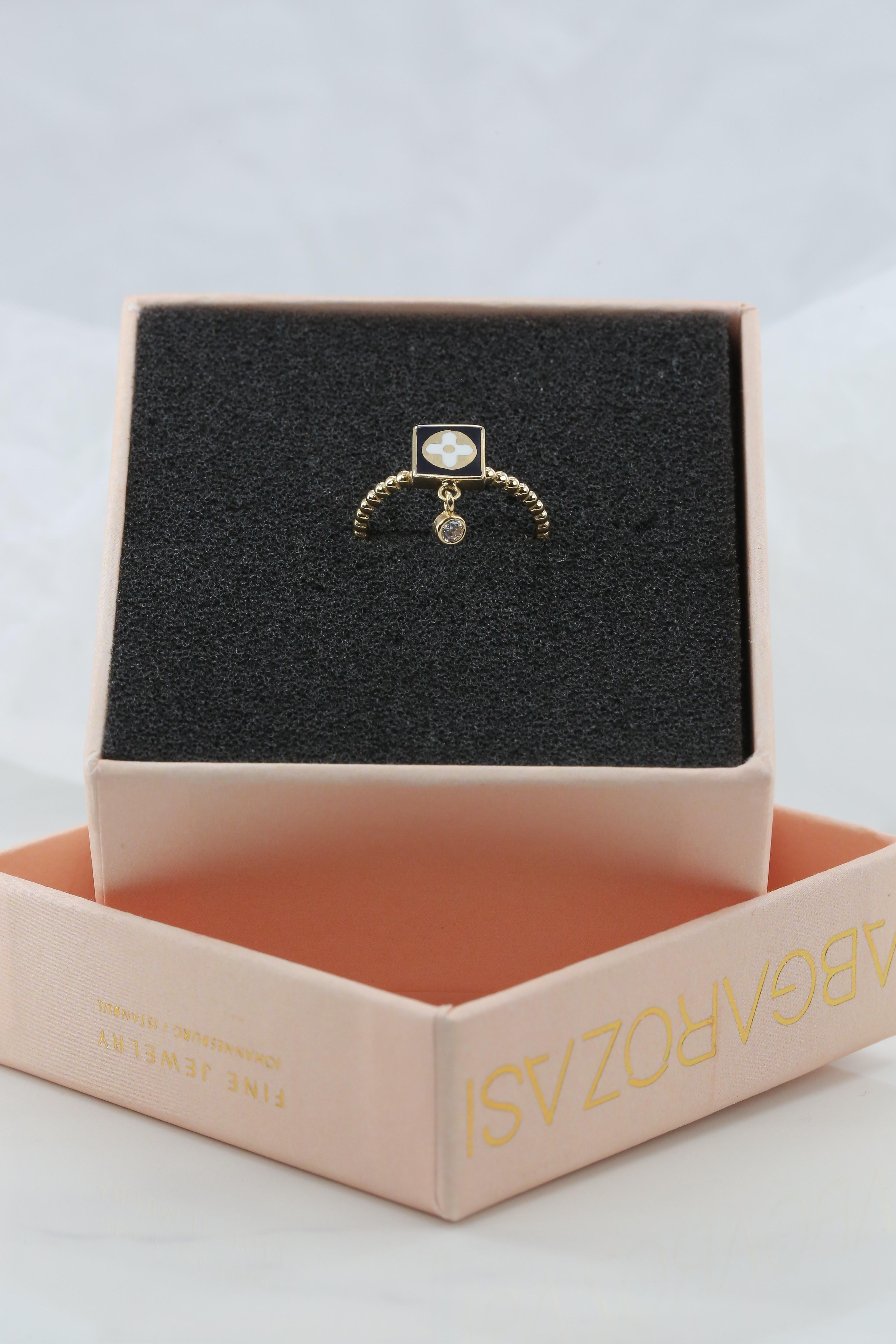 Dainty Zircon Enameled and Lapis Ring, 14K Gold, Minimalist Style Ring 8