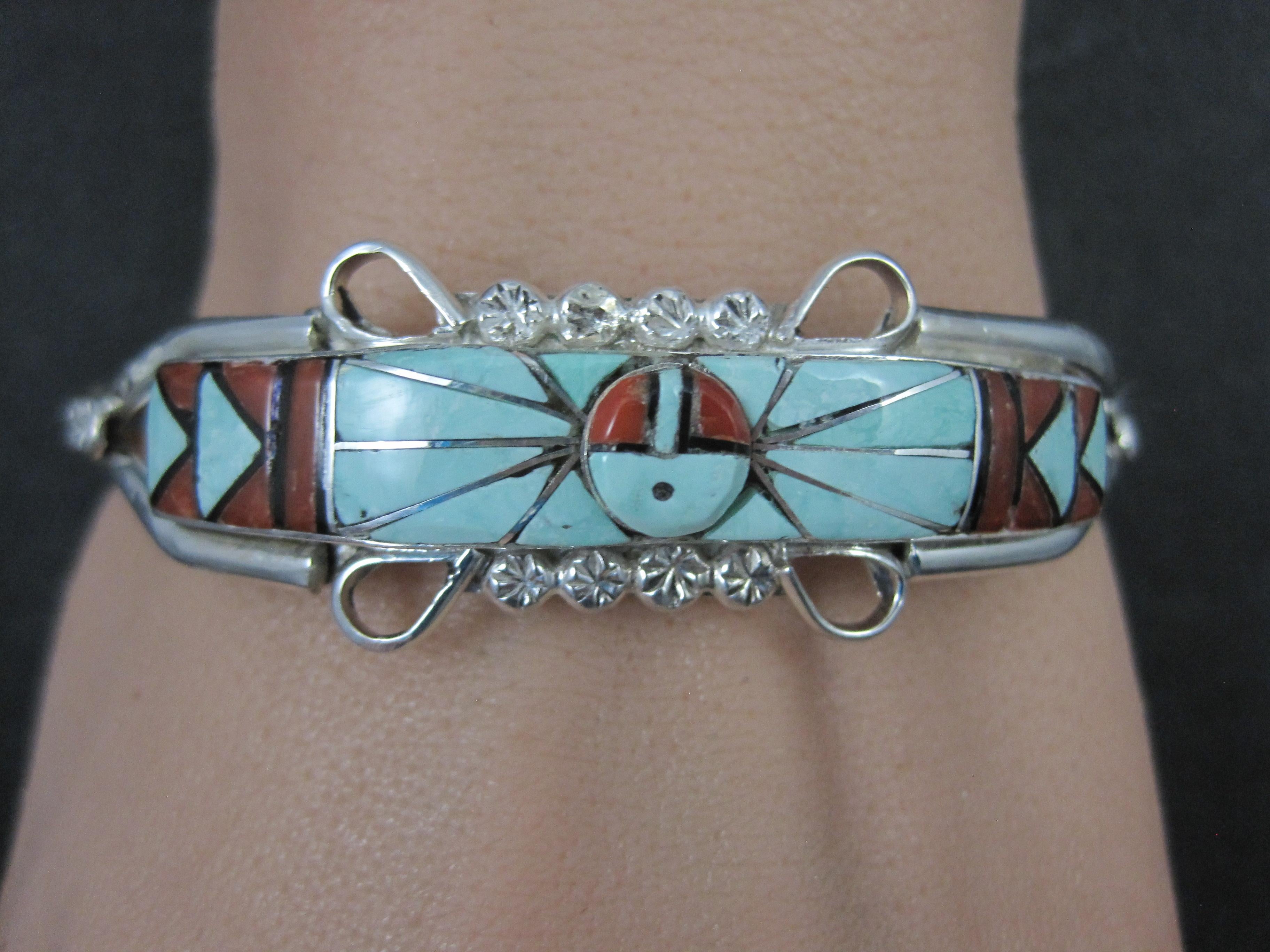 Dainty Zuni Sunface Inlay Cuff Bracelet 6.5 Inches For Sale 5