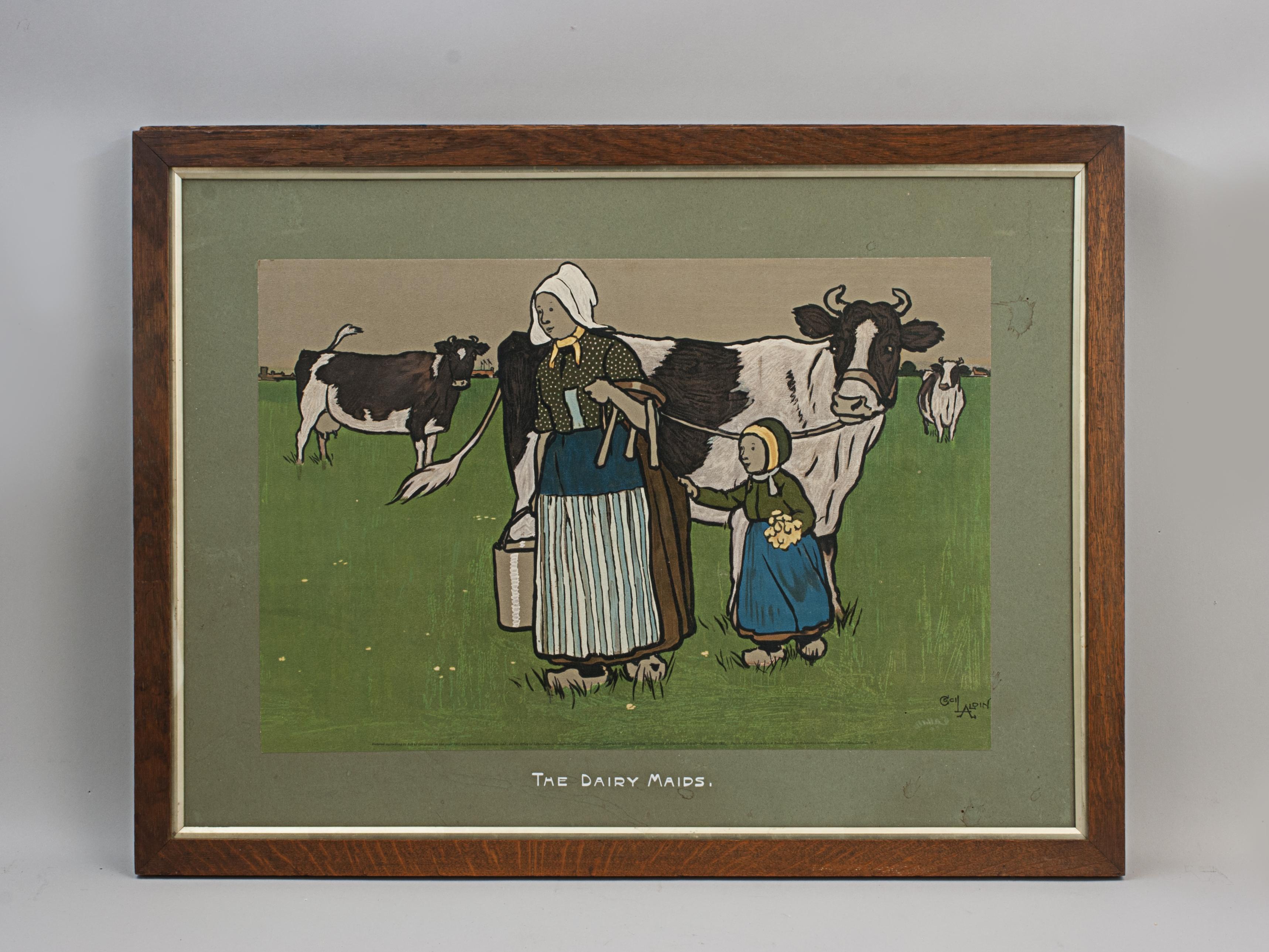Cecil Aldin, Dairy Maids.
A good single chromolithograph depicting a lady carrying a milk pail, milking stool, leading a cow from the field, a young girl is following holding the ladies skirt. Framed in an old oak frame and published by Lawrence &