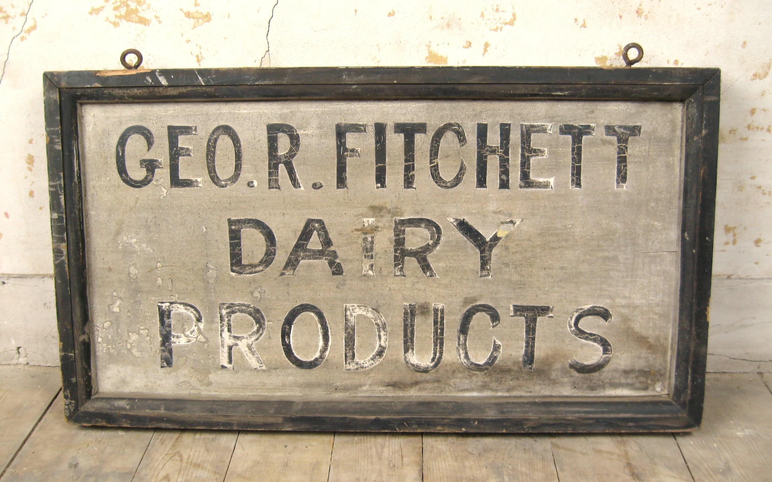 Wonderful 1940s Geo Fitchett Dairy Products Trade sign, this wooden trade sign is in wonderful original condition. It has hooks on the top for hanging, it is double sided as you can see in the photos. Please look at the photos, it hasn’t been