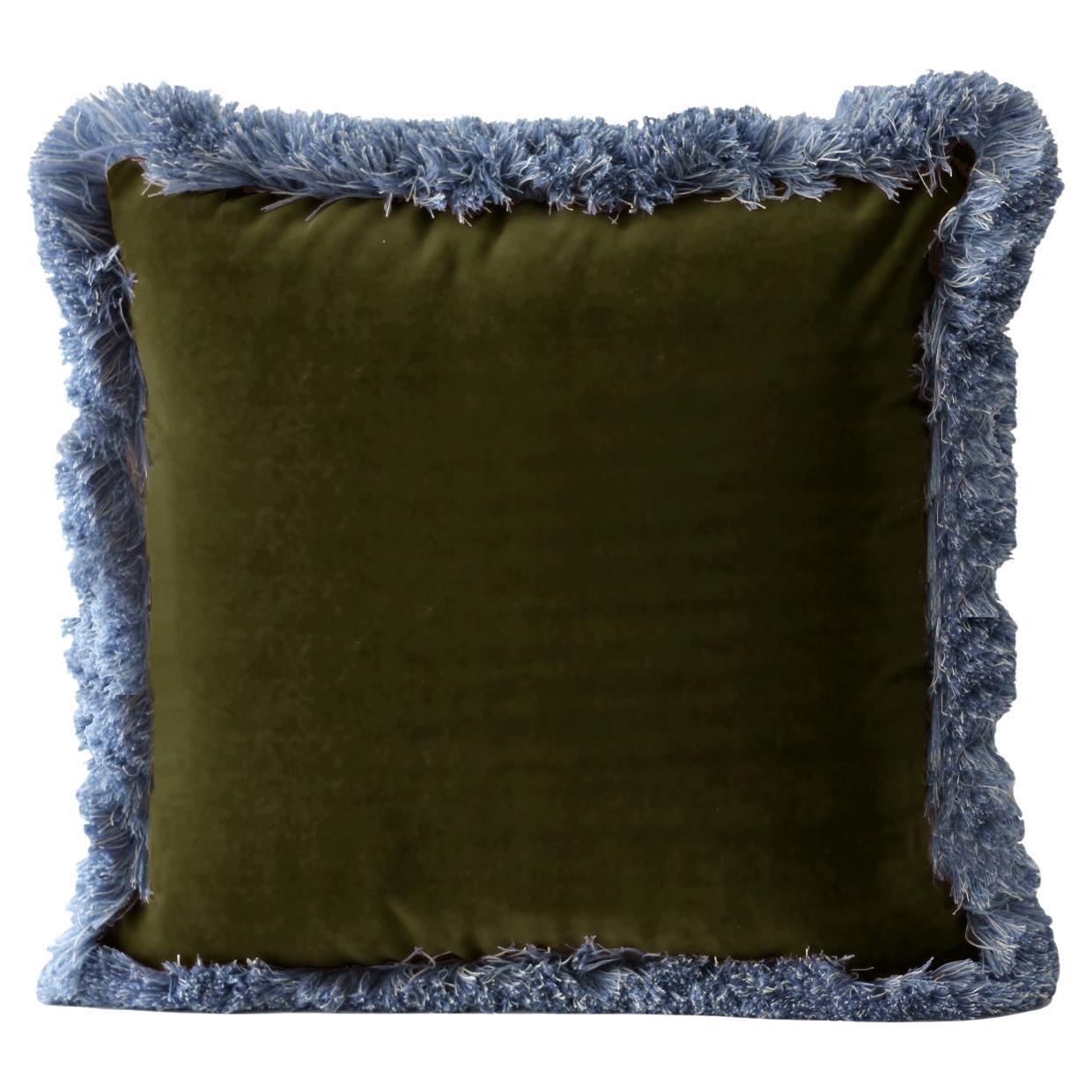 Dais Dry Green Velvet Deluxe Handmade Decorative Cushion with blue fringe For Sale