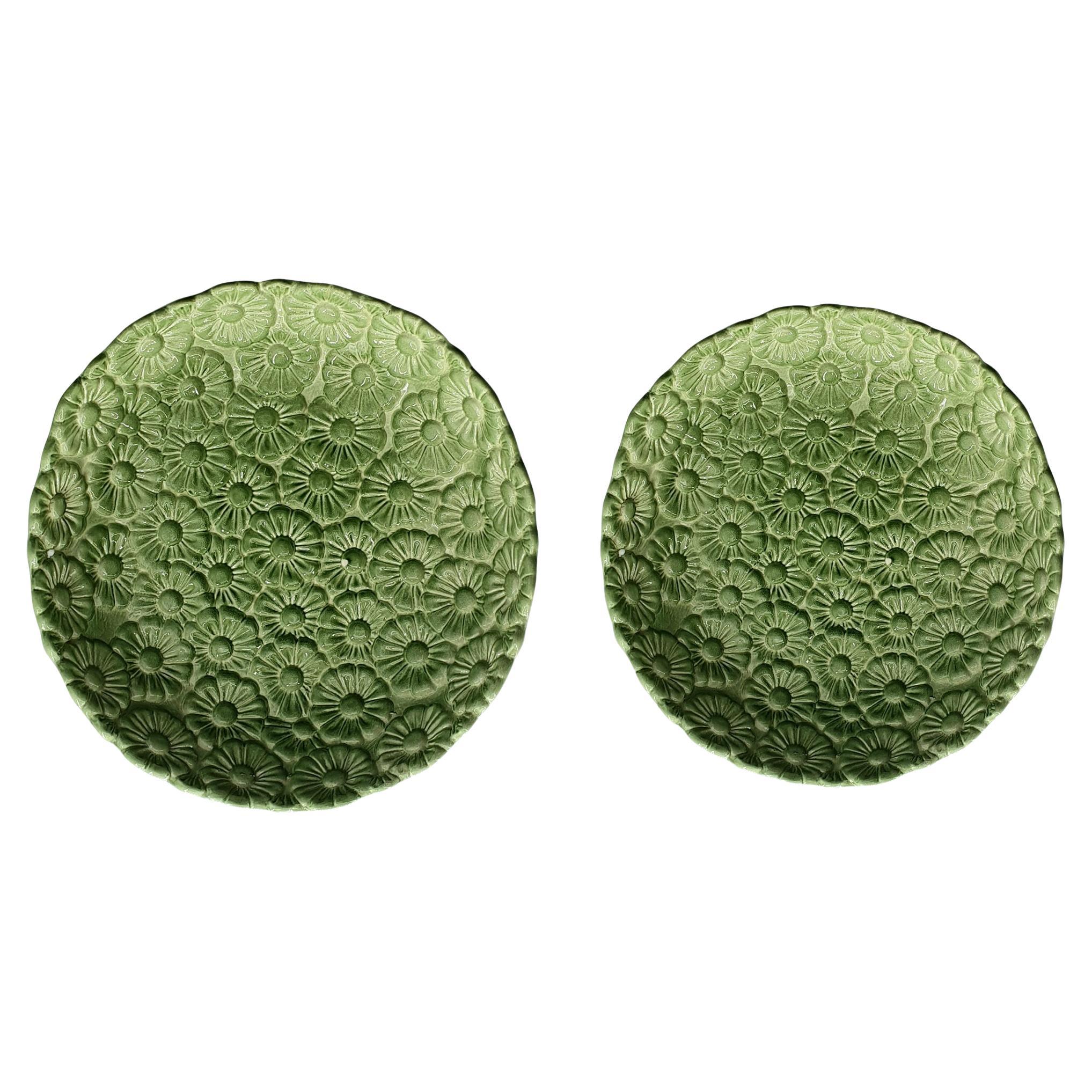 Hand-Painted Green Daisy Ceramic Plates - Set of 2, Made in Italy For Sale